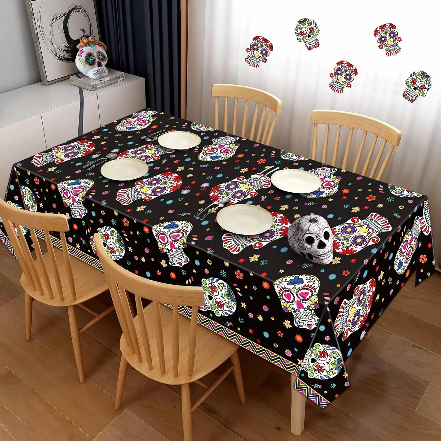 3 Pcs Day of The Dead Tablecloths Dia De Los Muertos Table Covers(Day of the Dead)108&#x22;L x 54&#x22;W
