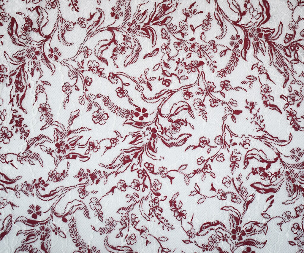 White-Deep Red Nylon Floral Vine Printed Lace Mesh Knit Fabric By the Yard