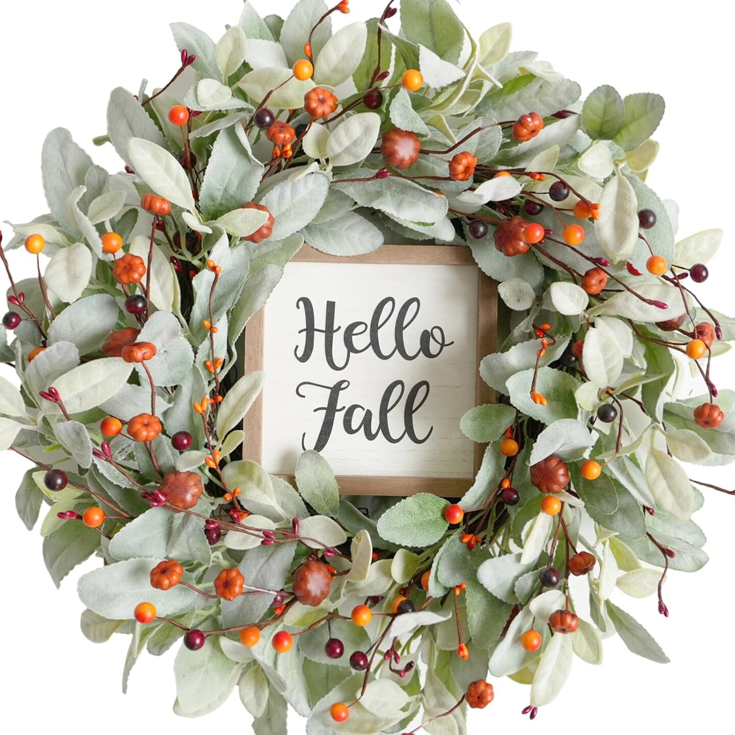 20&#x27;&#x27; Artificial Lamb&#x2019;s Leaves Wreath with Mini Pumpkin and Berries, Green Autumn Wreaths(Pumpkin Berry)14&#x22;D x 13&#x22;W x 3&#x22;H