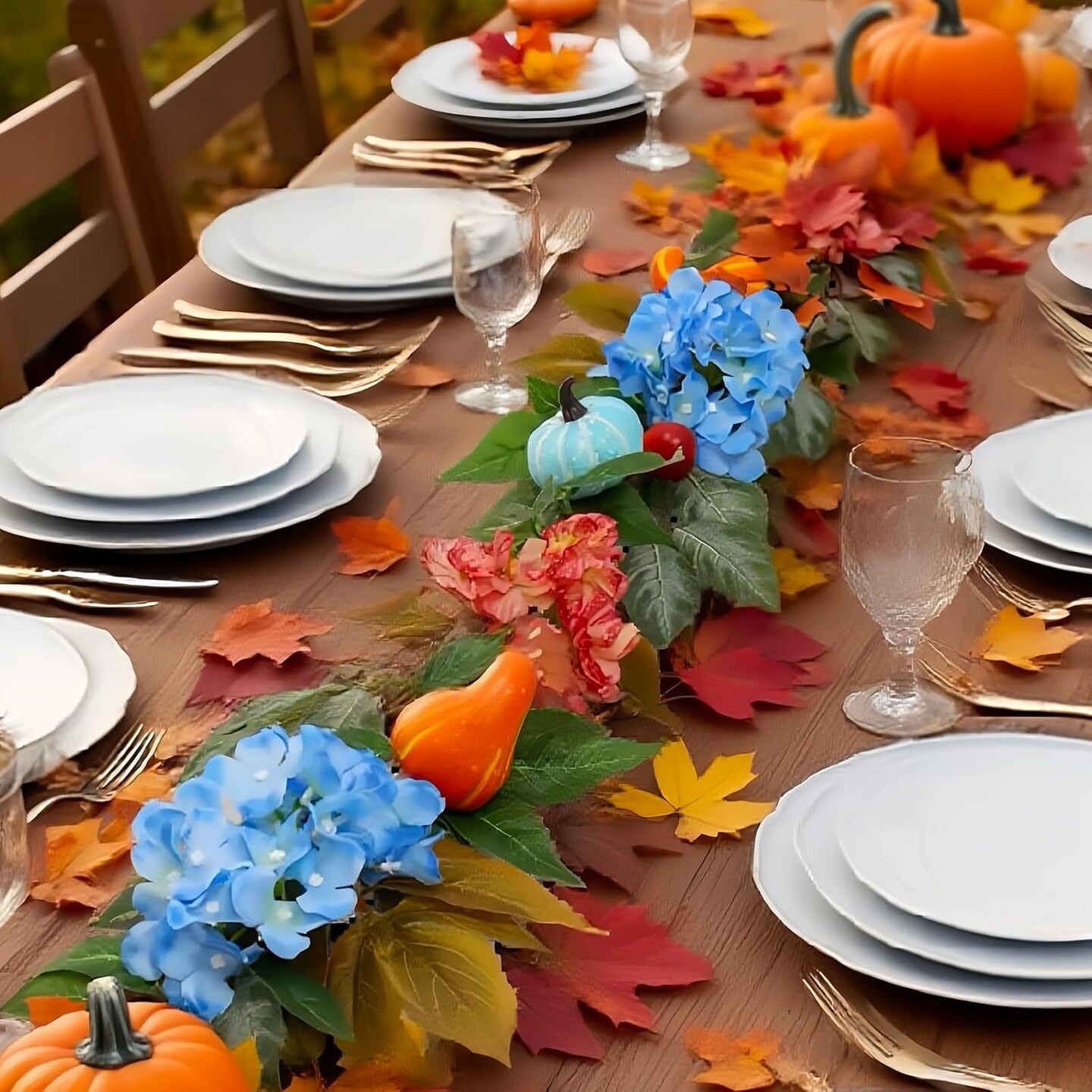 6ft Fall Hydrangea Garland with Blue Pumpkins &#x2013; Autumn Artificial Floral Pumpkin(11.26 x 9.69 x 4.69 inches)