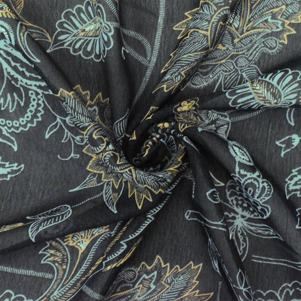 Black-Yellow-Blue Floral Printed Poly Chiffon Woven Fabric By the Yard
