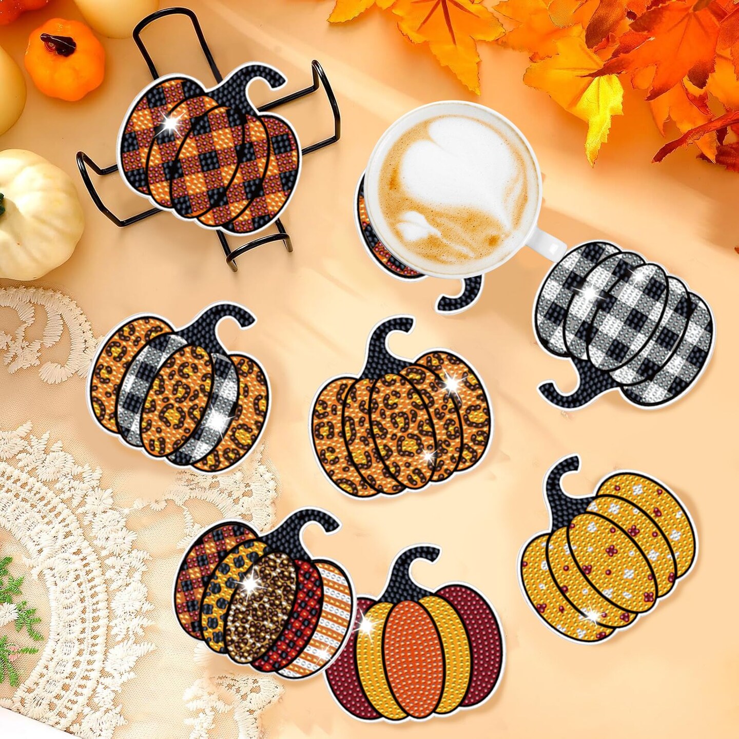 8 Pcs Fall Pumpkin Rhinestones Art Painting Coasters with Holder 8 Style Cute Pumpkin Non Slip Acrylic Round Cup Coaster Art Supplies for Beginners Adults Autumn DIY Rhinestones Painting Kit