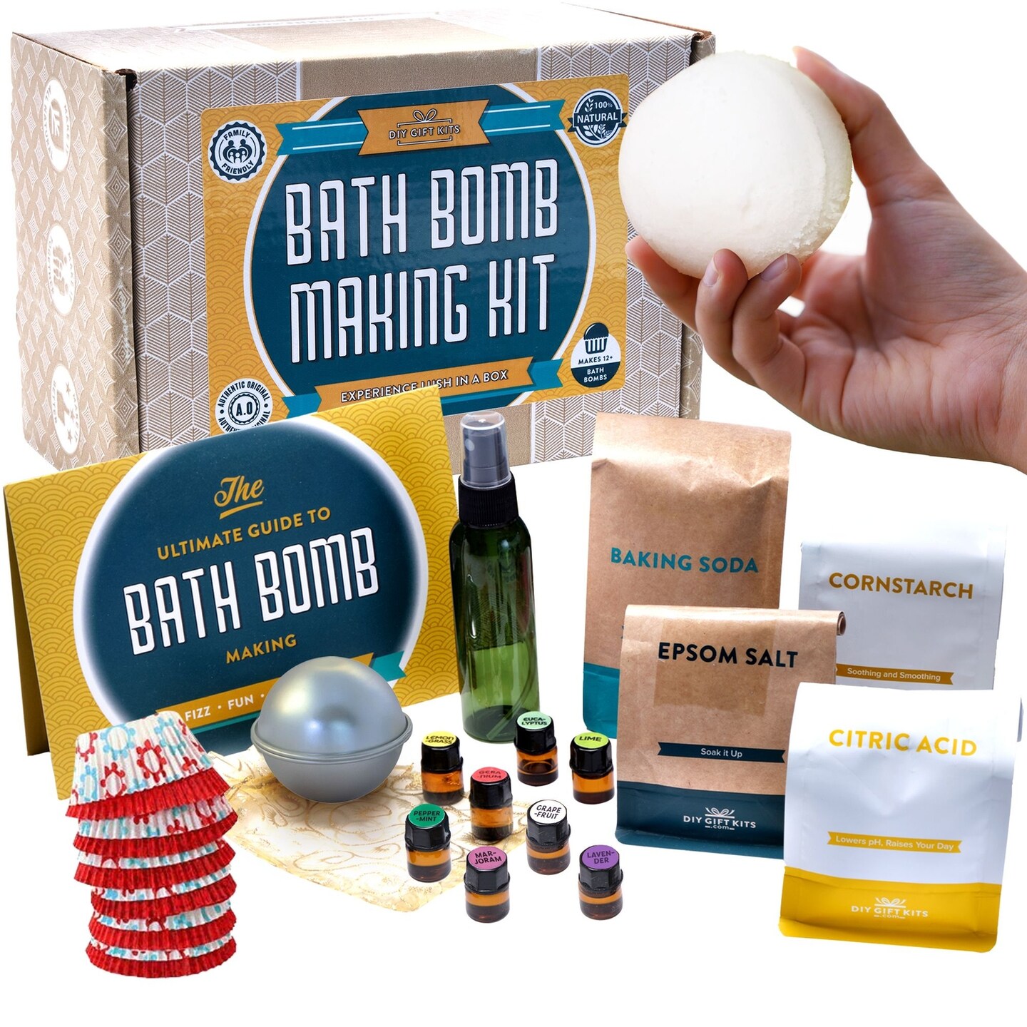 DIY Gift Kits Bath Bomb Making Kit for Kids, Make 12 All Natural Bath Bombs at Home, Made in the USA, 100% Pure, 7 Essential Oils, Epsom Salts, Cupcake Mold Liners, Recipes, Gift Box Included
