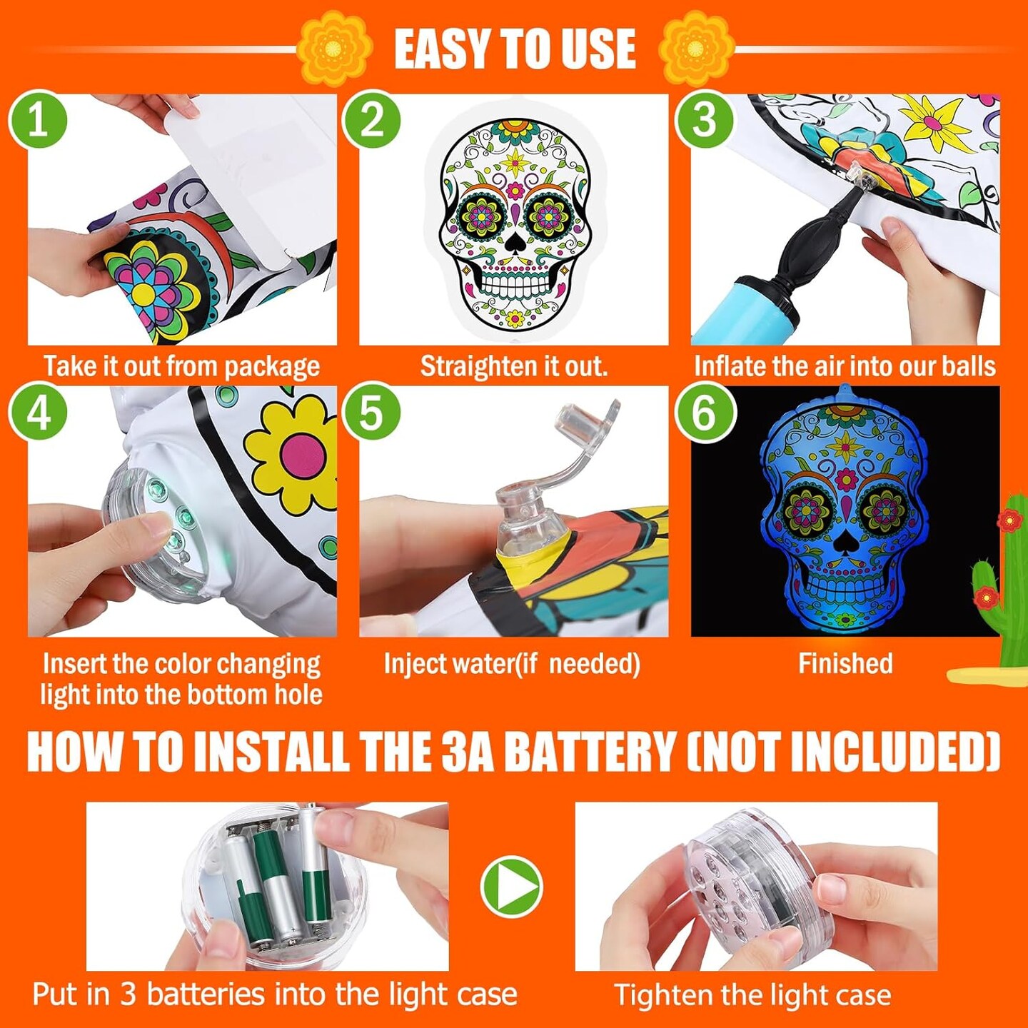 6 Pcs 24 Inch Inflatable Sugar Skull Decoration(Multicolor)
