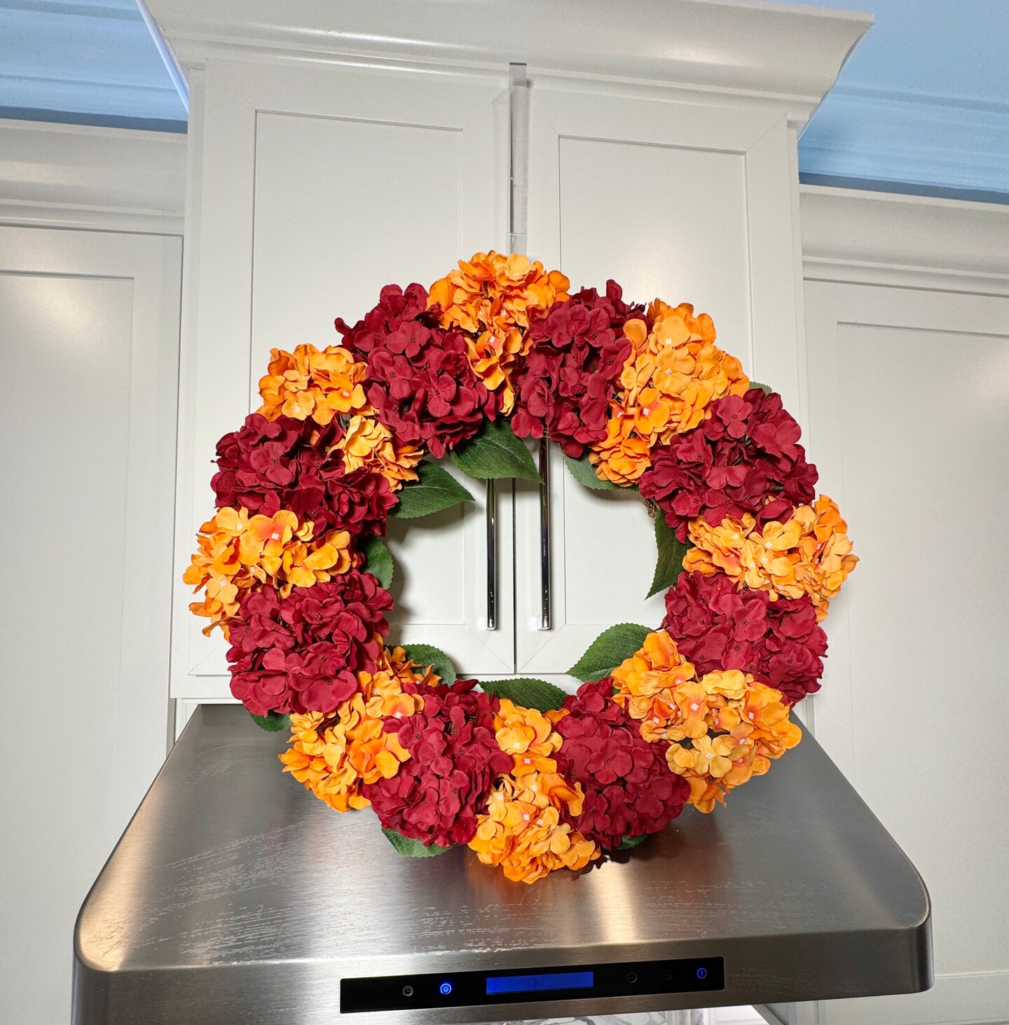 Capri Fall Autumn Hydrangea Wreath Orange Burgundy Red Artificial Flowers 23'' Halloween Seasonal Decor