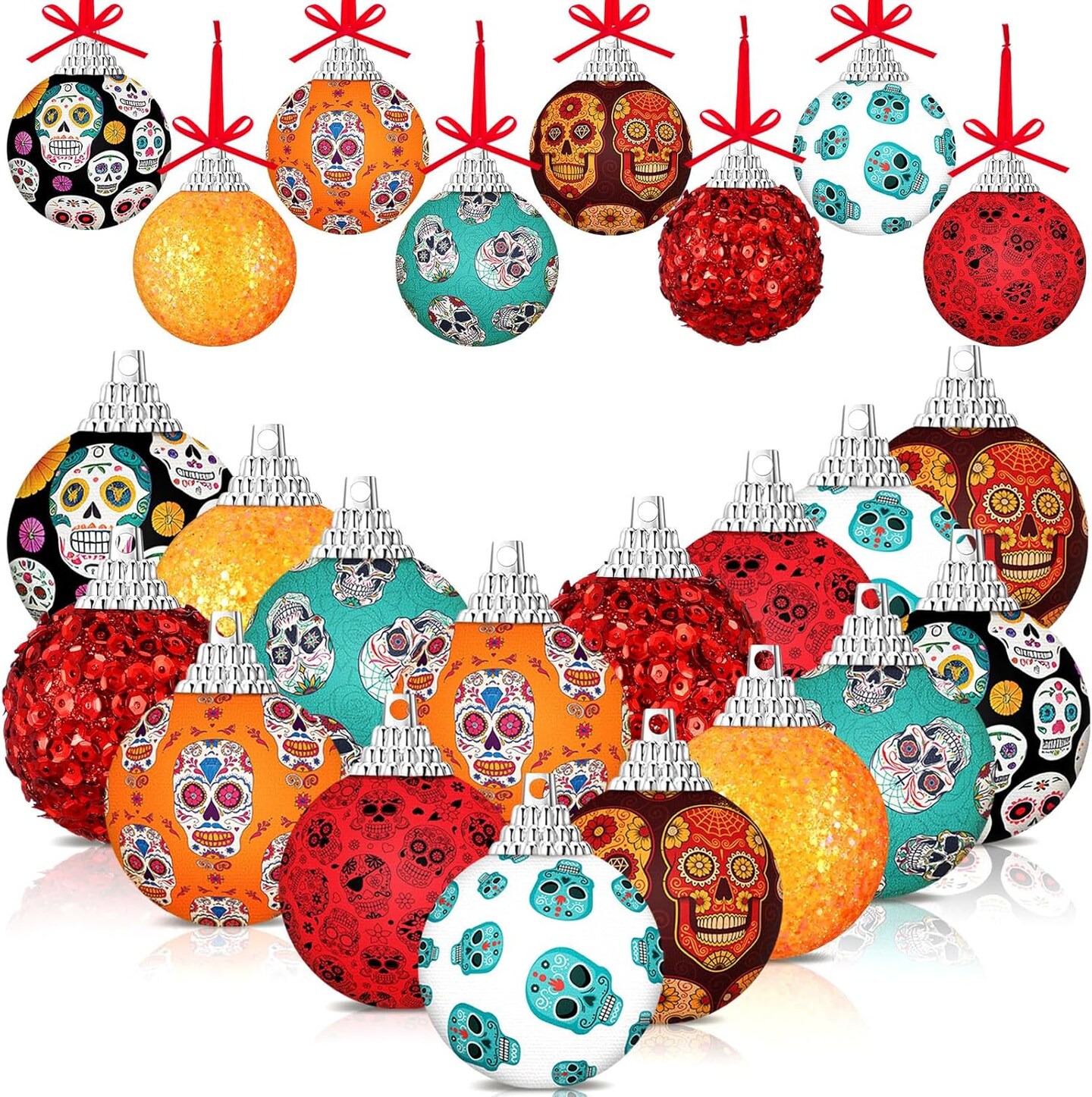 16 Pcs Day of The Dead Ball Ornaments Dia De Los Muertos Hanging Skull(Day of the Dead)