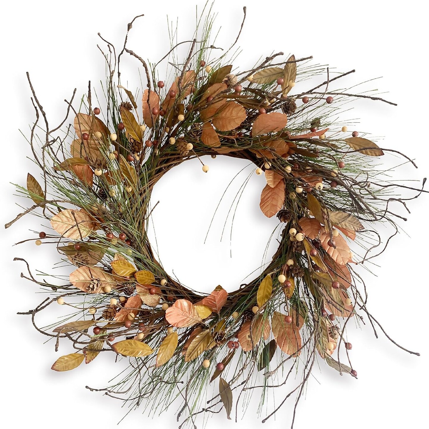 26 Inch Fall Wreath for Front Door Pip Berry Pinecone Autumn Wreath with Pine Needle(Pinecone Wih Dark Leaf)24&#x22;D x 24&#x22;W x 4&#x22;H