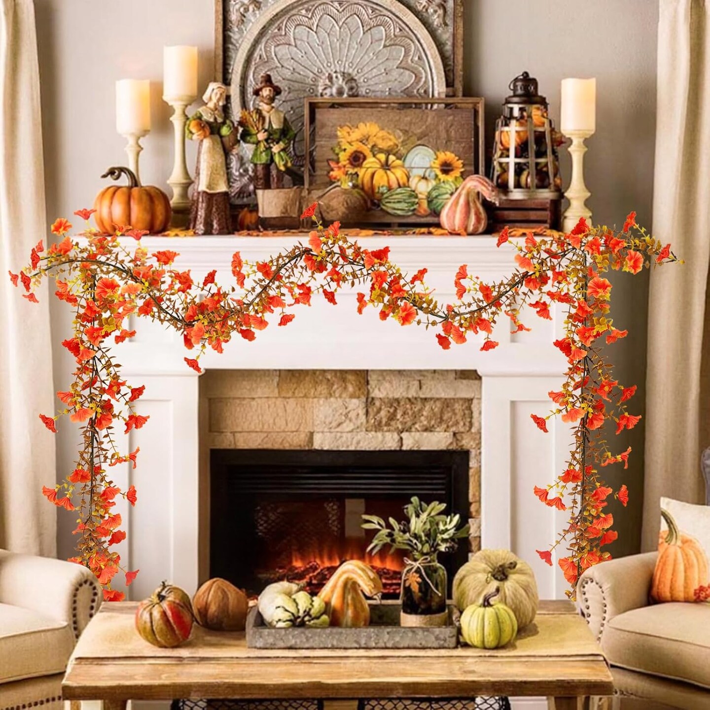 2 Pack Fall Artificial Flowers Garland, 6 FT Faux Morning Glory Fall Floral Vine(Orange)1 x 1 x 72 inches