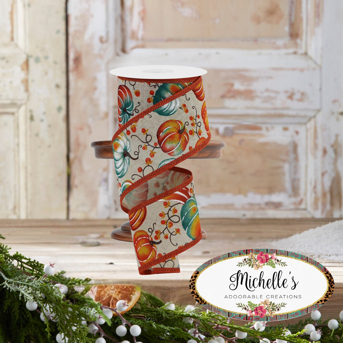 2.5&#x22; Pumpkins Bittersweet Ribbon: Light Natural (10 Yards)