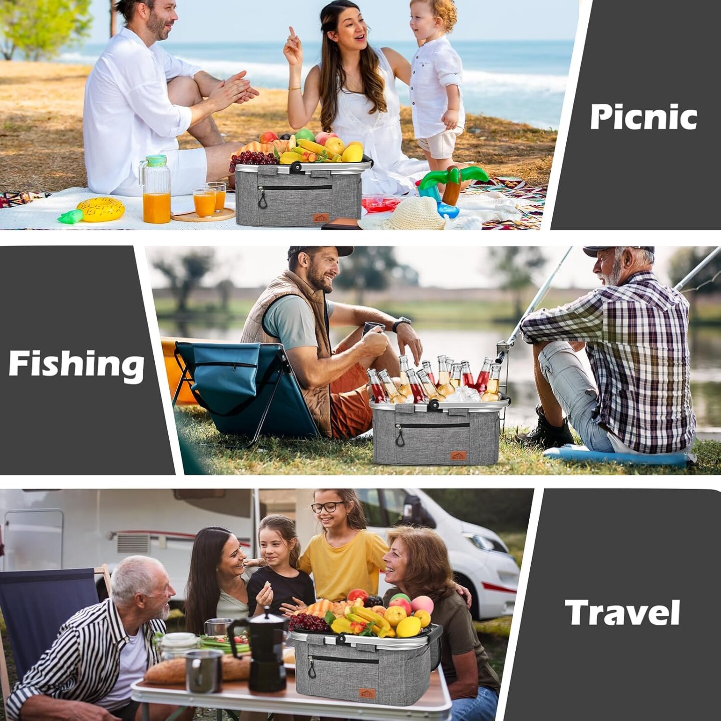 Insulated Cooler Bag Multipocket Collapsible Picnic Basket Leak-Proof Outdoor Basket for Camping Meal Delivery Shopping Travel Camping Beach Grocery Bag (Gray Medium)