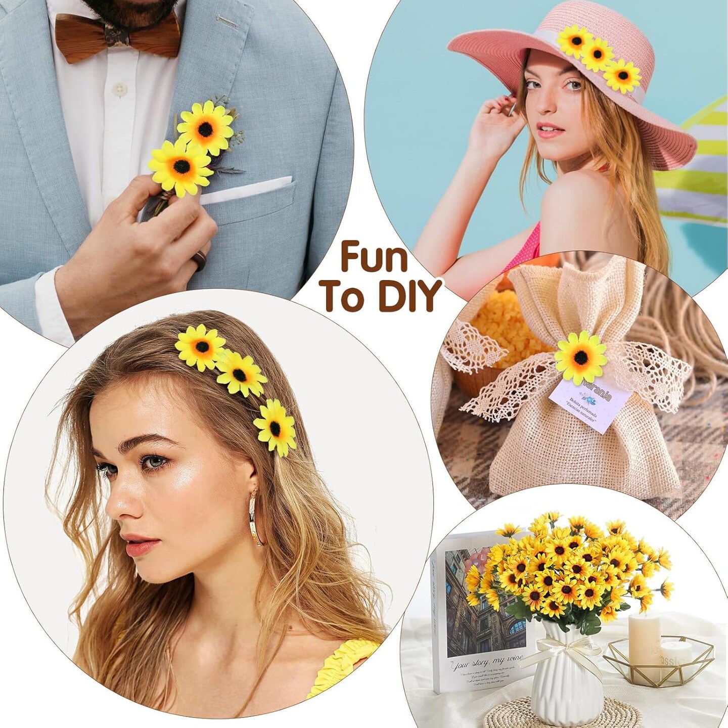 100pcs Mini Artificial Sunflower Heads Small Fake Sunflower Petals Lifelike Yellow Flowers Bulk for Party Wedding Decor Bride Holding Flowers