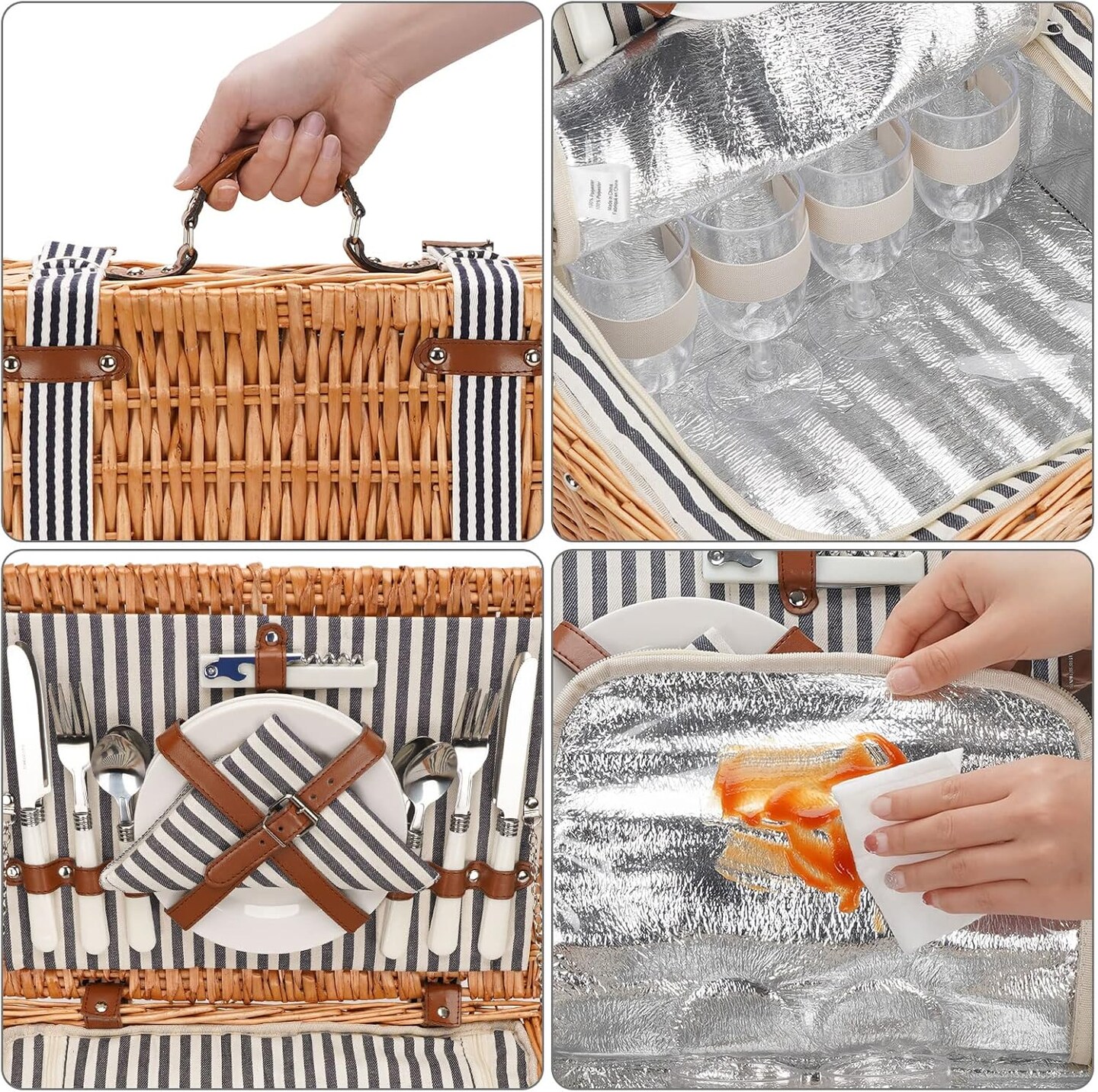 Wicker Picnic Basket Set for 4 Persons with Blanket,Handmade Willow Picnic Basket with Insulated Cooler &#x26; Cutlery Kit, Gift Basket