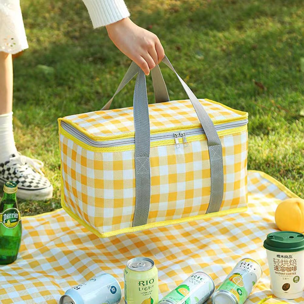 Insulated Reusable Food Picnic Basket Bag Beach Bags, Cooler Bags with Zippered Top -for Hot or Cold,Picnic Basket Collapsible,Beach, Outdoor Party, Camping,Festivals (Yellow)