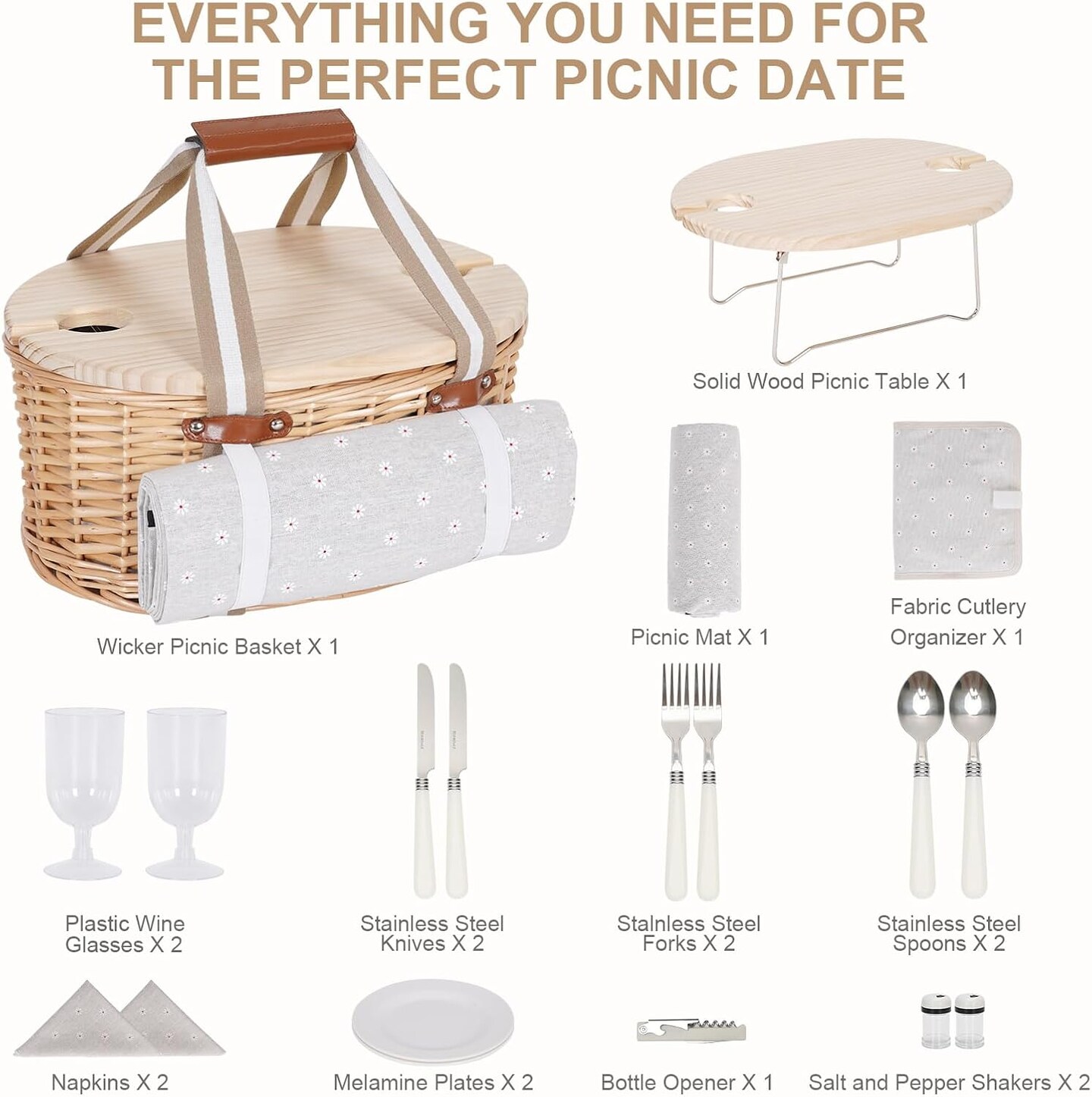 Picnic Basket Set for 2 - Wicker Insulated Picnic Basket with Waterproof Blanket, Folding Wine Picnic Table &#x26; Cutlery Kits, Picnic Baskets Kit for Camping, Outdoor, Valentine (White Flower)