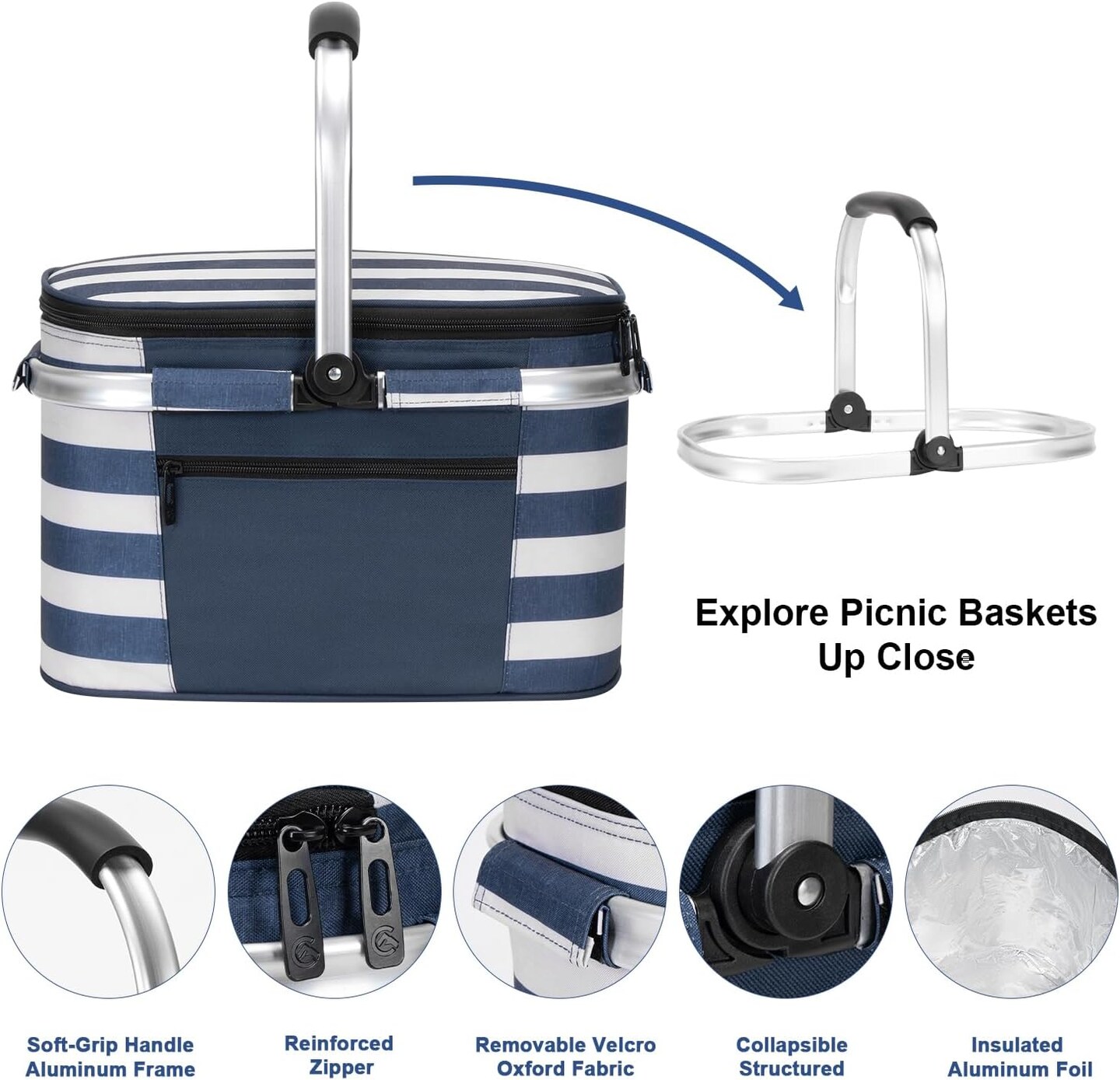Insulated Picnic Baskets Shoping Basket Cooler Bag Collapsible Portable Picnic Basket (Blue White Stripe)