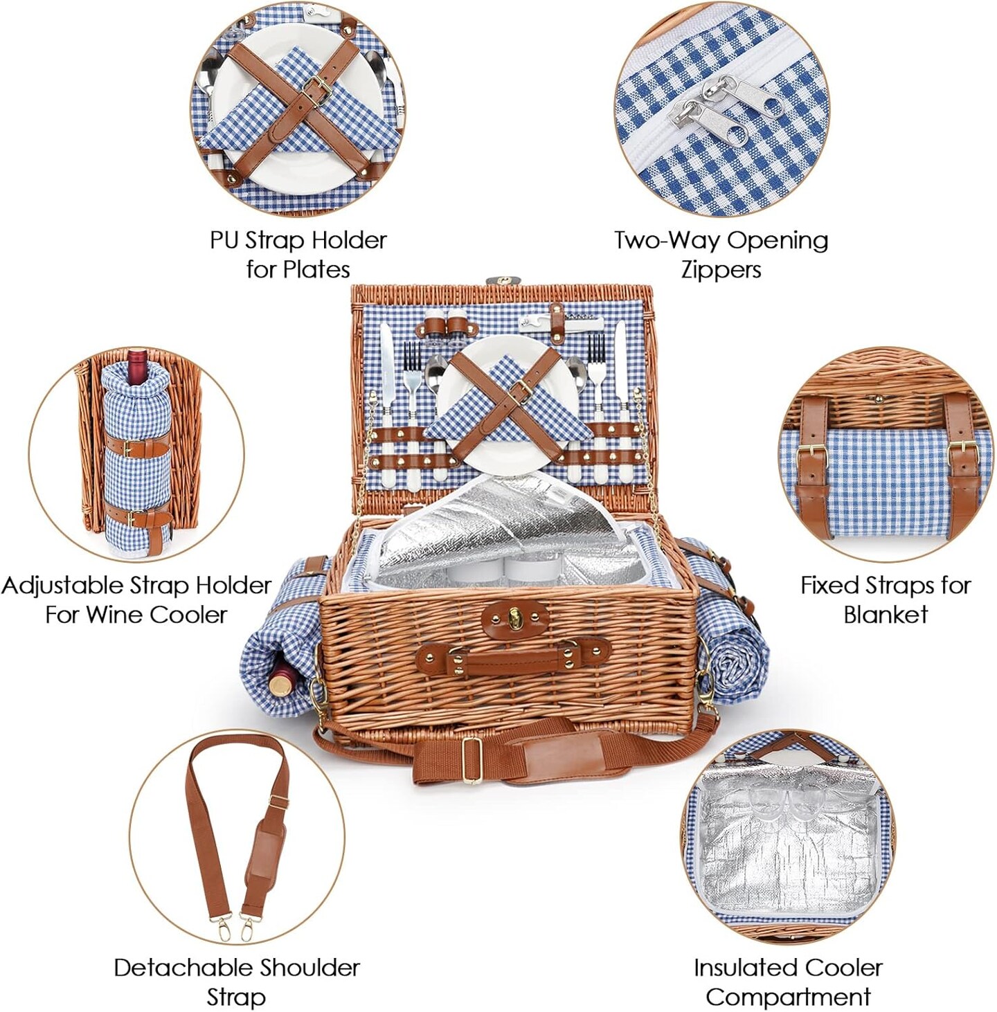 Picnic Baskets for 2, Picnic Basket with Waterproof Blanket, Picnic Basket Set with Washable Beach Mat &#x26; Large Insulated Cooler Compartment, Handmade Natural Wicker Hamper for Camping, Outdoor Party