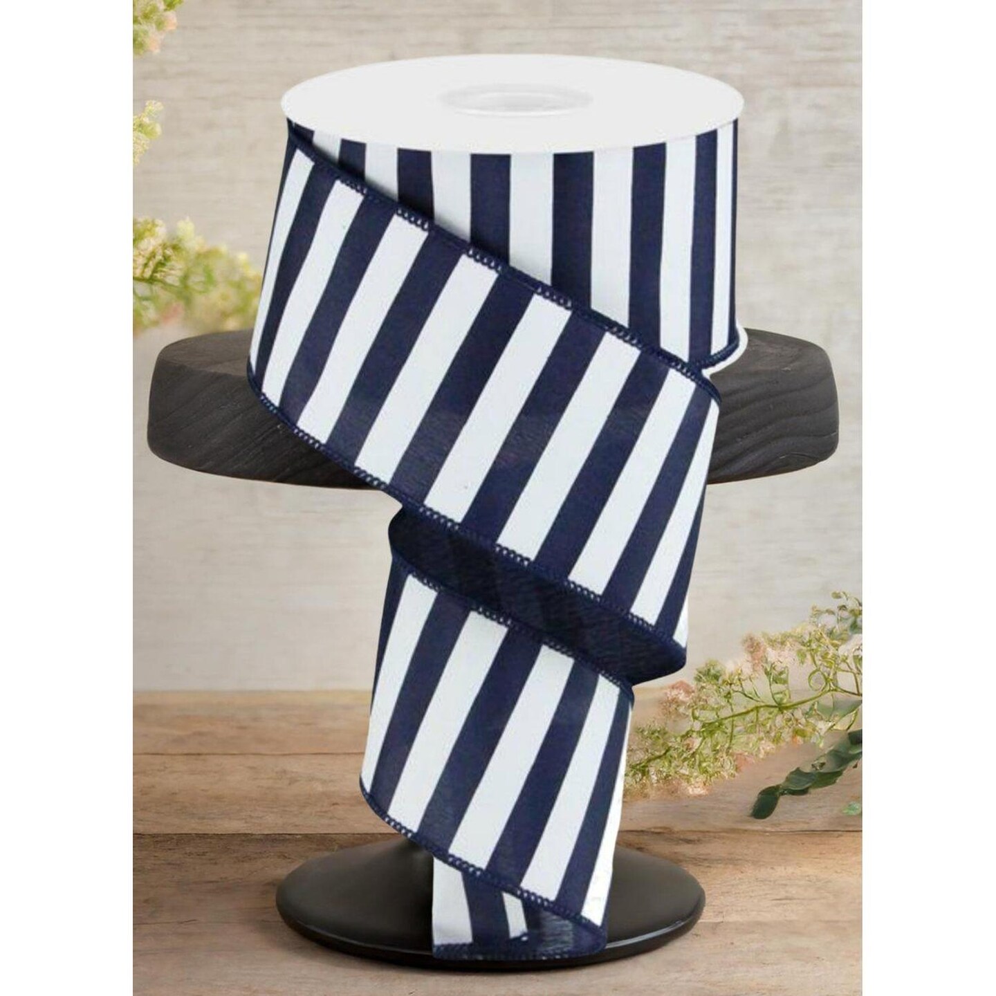 2.5" Medium Horizontal Stripe Ribbon: Navy Blue & White (10 Yards)