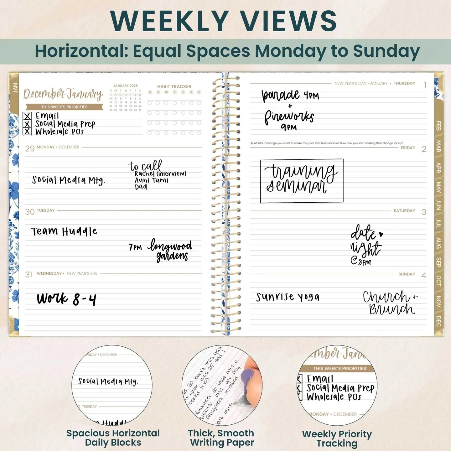 bloom daily planners 2026 Hard Cover Weekly & Monthly Planner, 8.5" x 11", Blue & White Floral