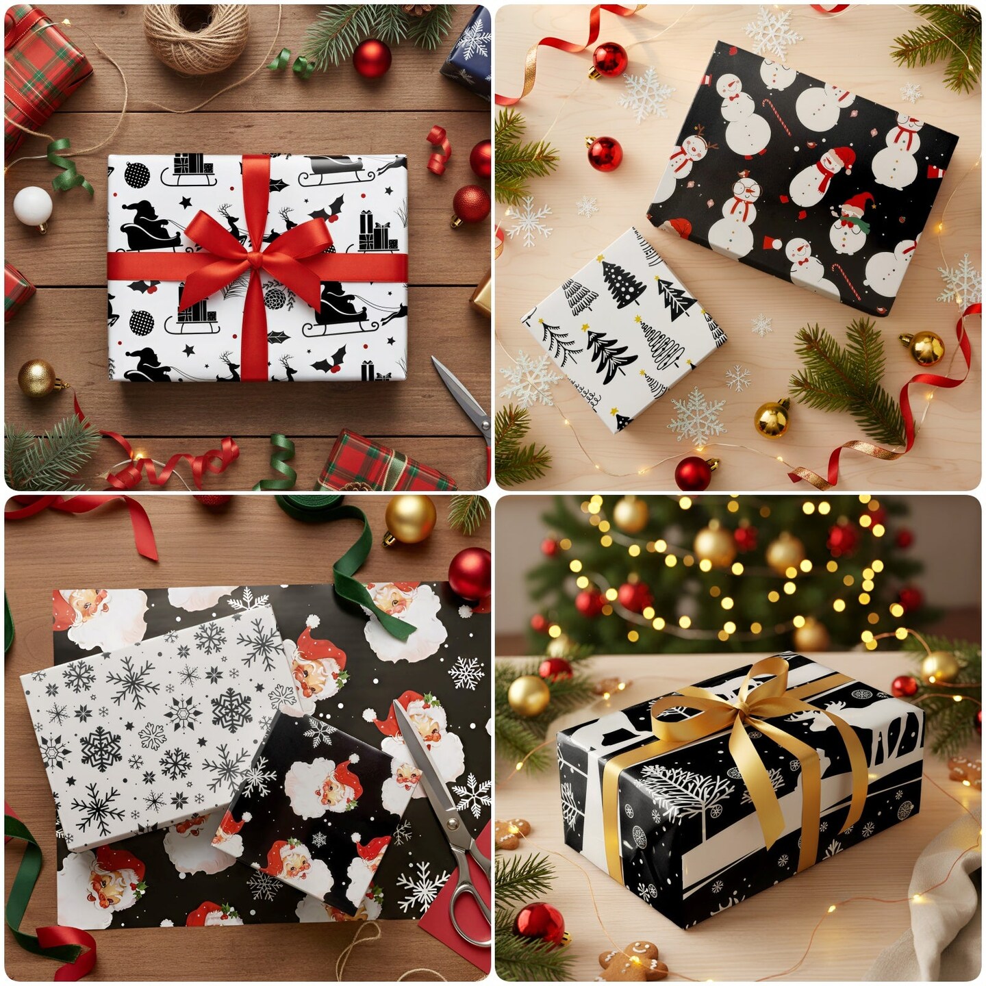 Wrapables Christmas Holiday Gift Wrap Paper Sheets Folded Flat 20L x 27W inches (12 Sheets), Black and Red