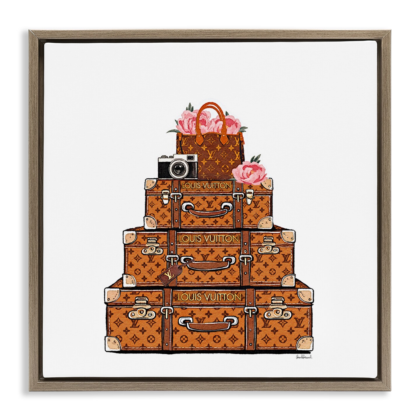 Stupell Industries Stacked Luggage with Floral Handbag Floating Frame, design by Amanda Greenwood