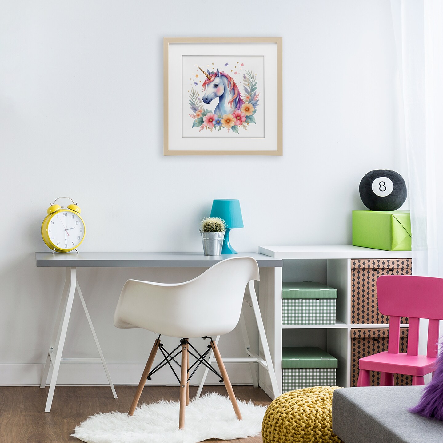 Stupell Industries Colorful Unicorn with Flowers Framed Print Under Glass, design by Creative Studio