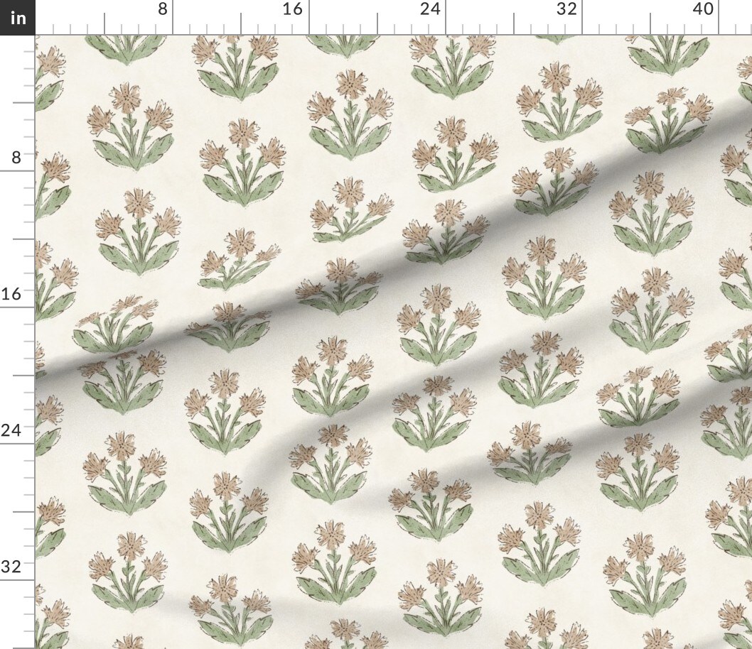 Rustic Floral Beige Green Botanical Flowers Earth Tone Farmhouse Block Print Boho Custom Printed Fabric by Spoonflower Various Fabrics by the Yard or Fat Quarter