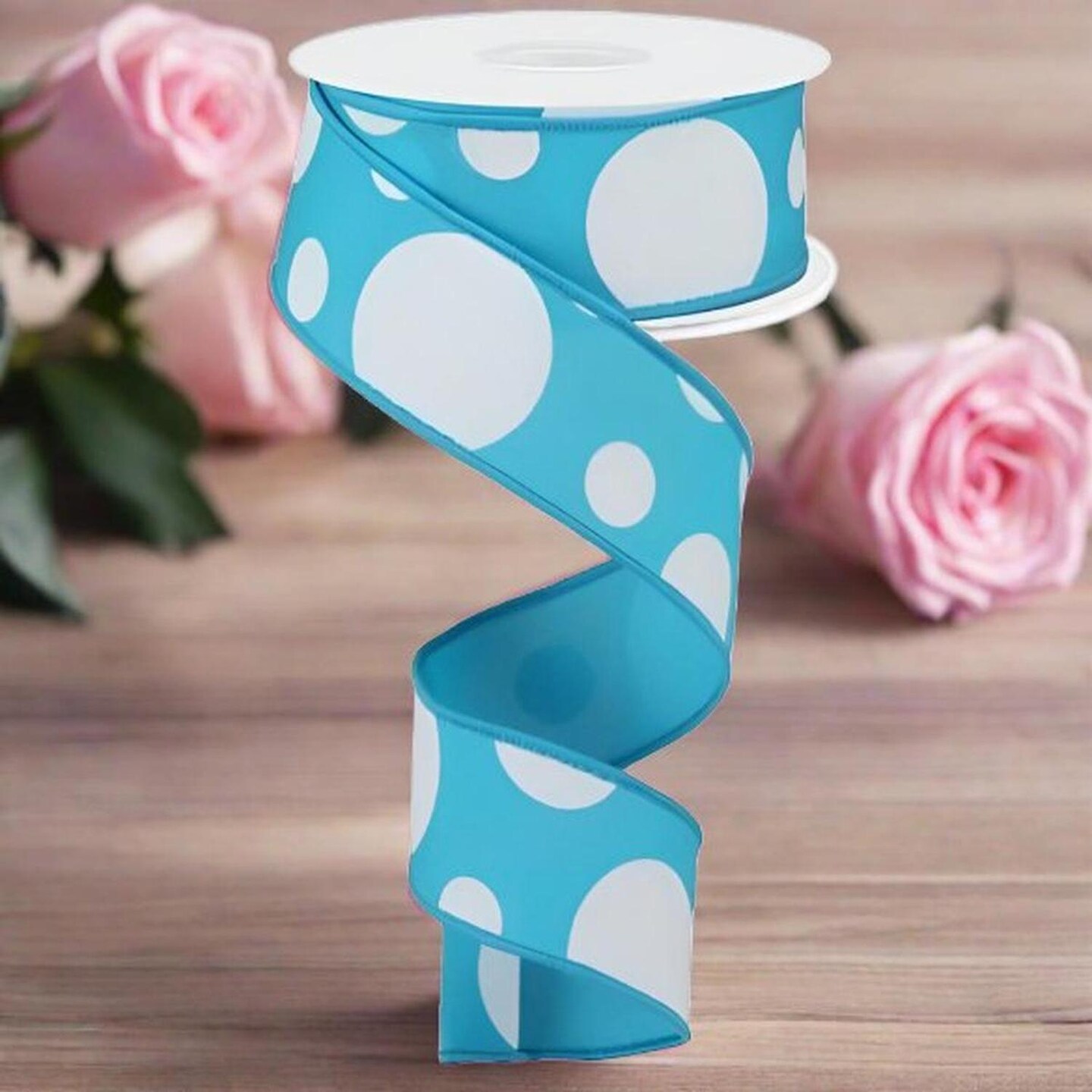 1.5" Giant Three Size Polka Dot Ribbon: Turquoise & White (10 Yards)