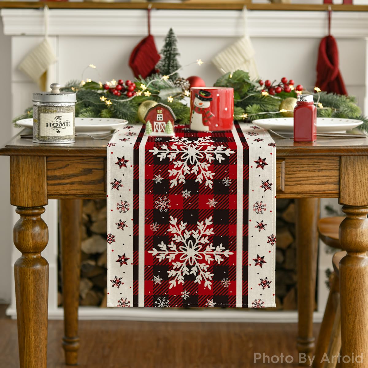 Buffalo Plaid Snowflakes Christmas Table Runner, Seasonal Winter Kitchen Dining Table Decoration for Home Party Decor 13x72 Inch