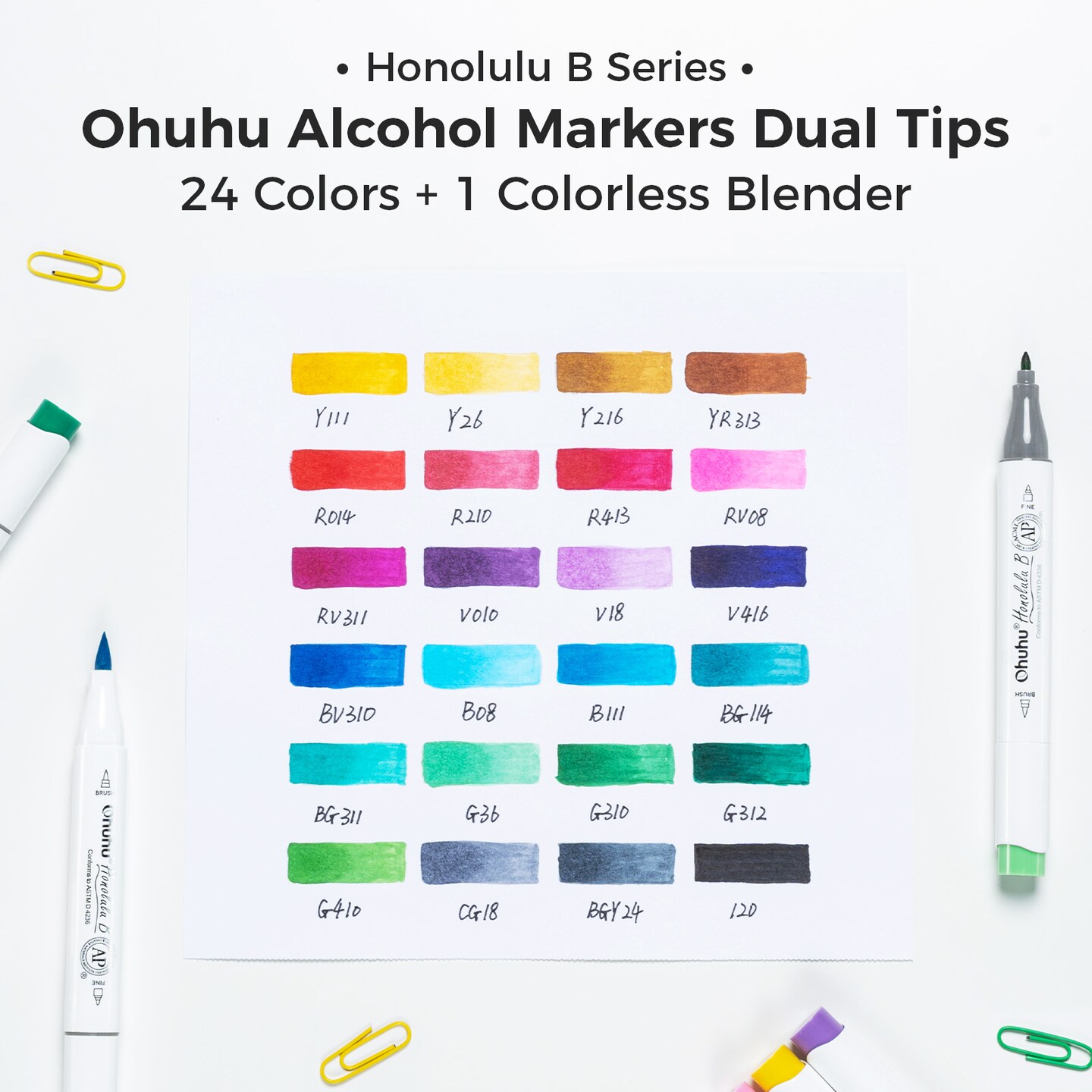 Ohuhu Alcohol Markers Brush Tip, Double Tipped Alcohol Based Art Marker Set for Kids Artist Sketching Adult Coloring Illustration - 24 Basic Colors w/ 1 Colorless Blender - Brush & Fine - Honolulu B