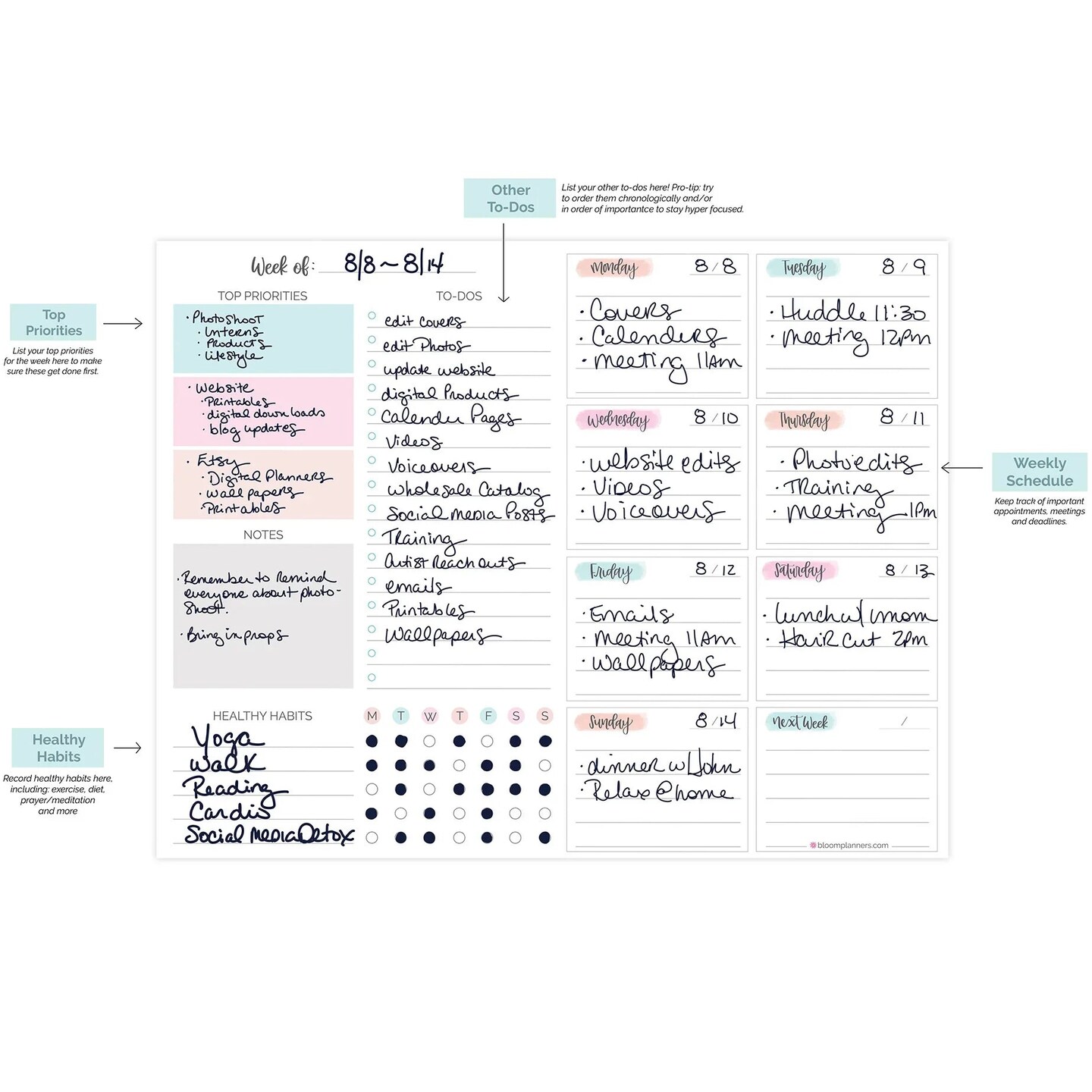 bloom daily planners Planning Pad, 8.5" x 11", Weekly To-Do List & Planner, Pastel