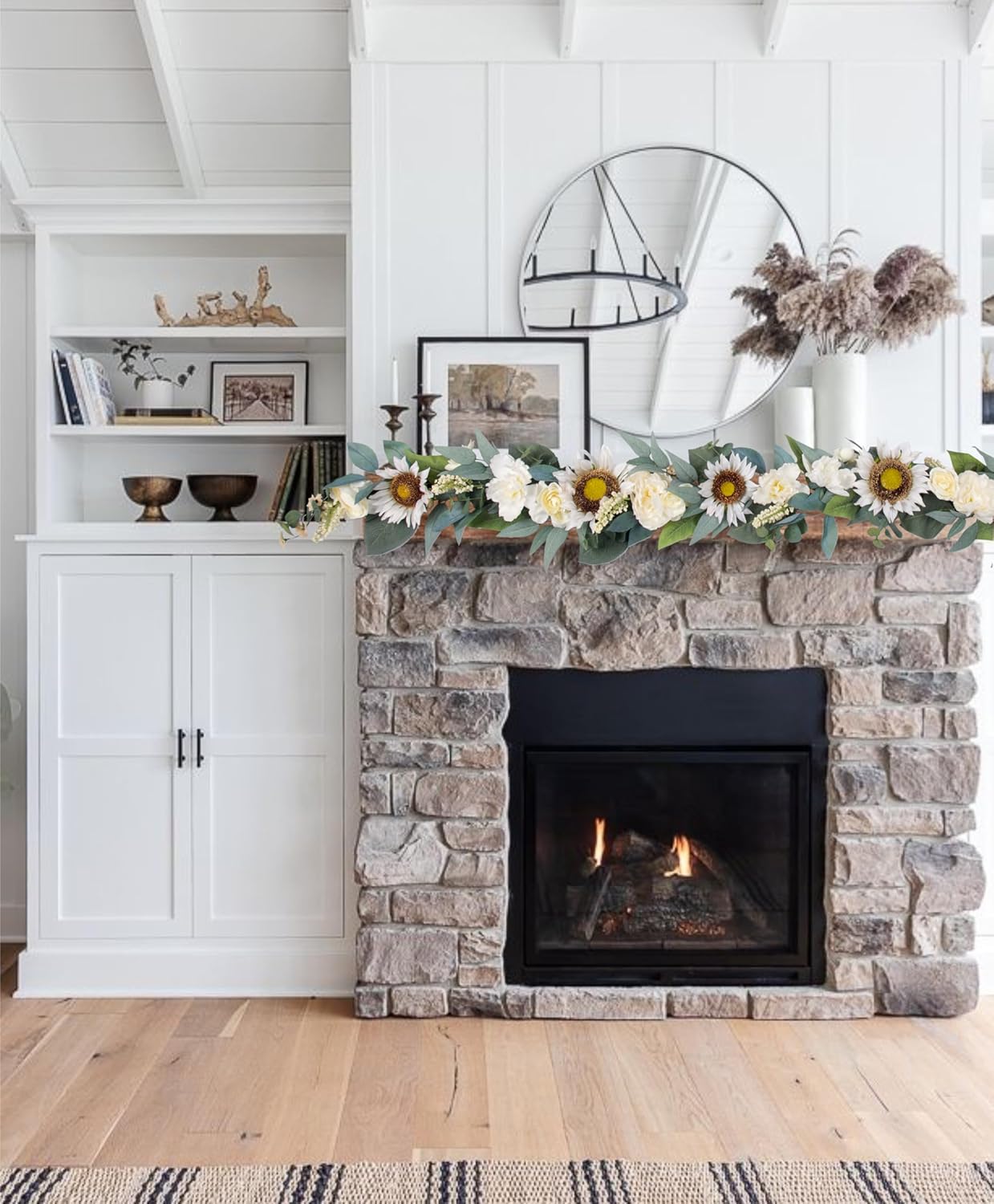 6 ft Flowers Garland Decor - Handcrafted Artificial Sunflower Rose Peony Vine Swag - Spring Summer White Floral Arrangement for Home Table Mantel Railing Stair Door Wedding Party Arch Backdrop