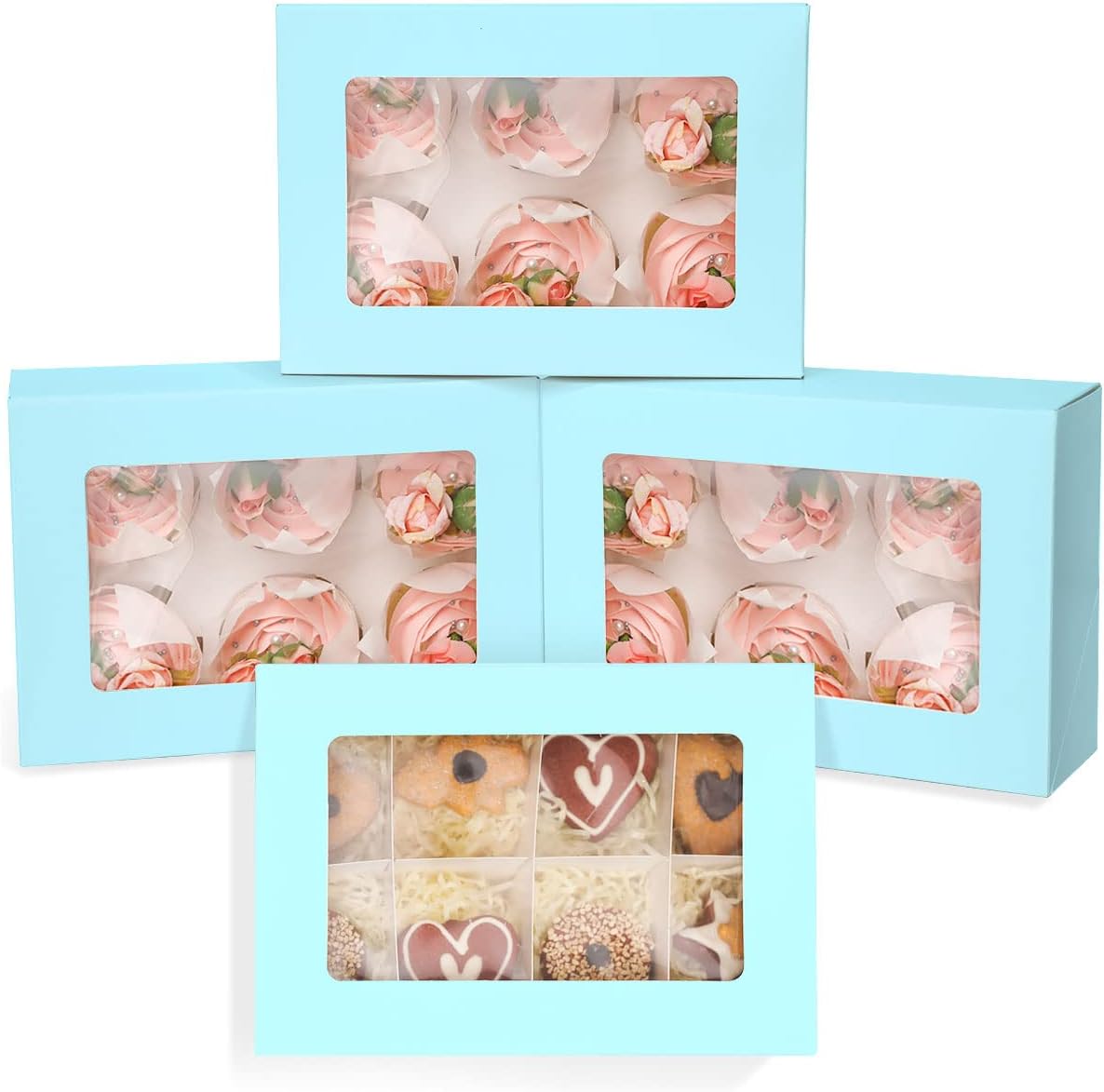 Light Blue 6 Cupcake Boxes with Window 30 Packs Cupcake Box 9&#x22;x6.1&#x22;x3.3&#x22; Bakery Boxes For Cupcakes Carrier, Cupcake Containers
