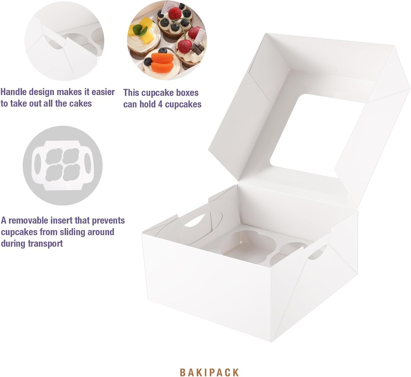 25-Pc White 4-Cupcake Boxes – Window & Inserts, 6.3×6.3×3in, Bakery Use