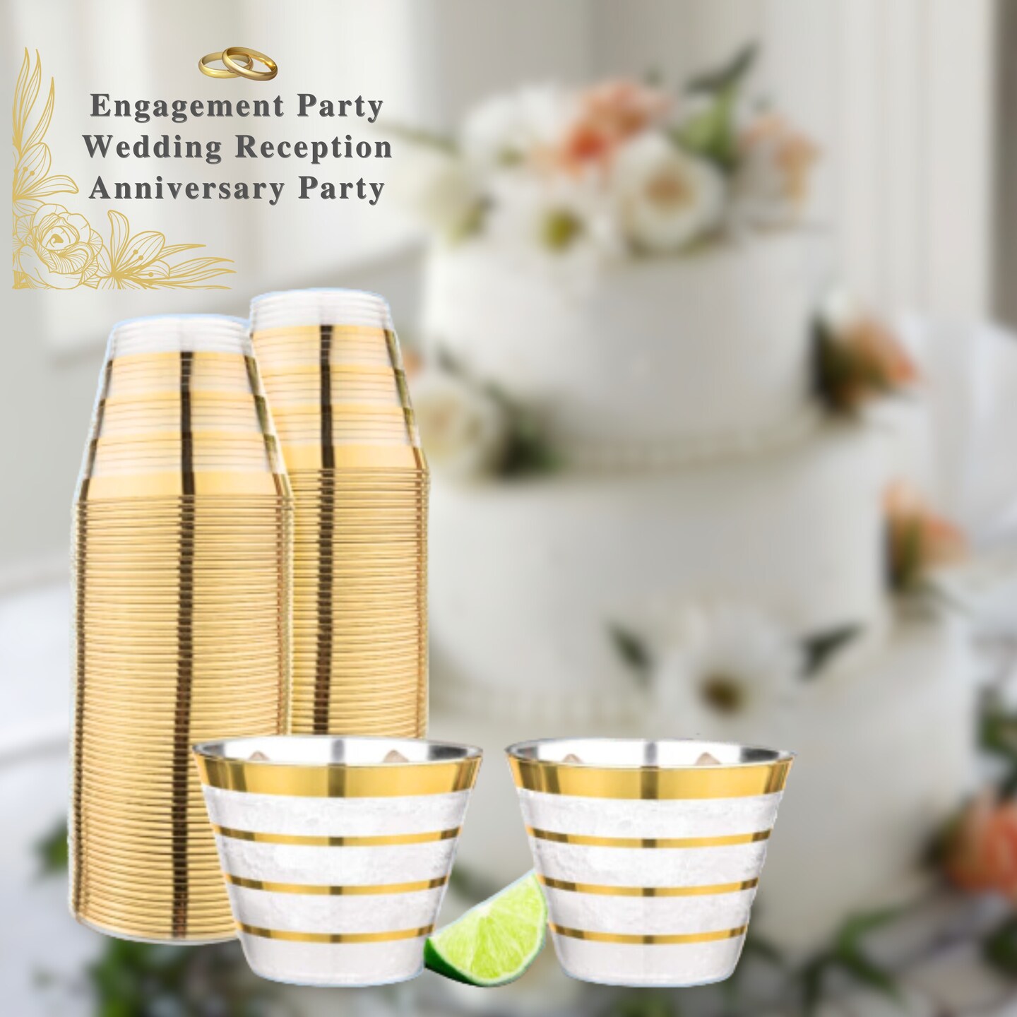 110 Pack 9 oz Disposable Clear Plastic Cups| Gold Rimmed Disposable Cups