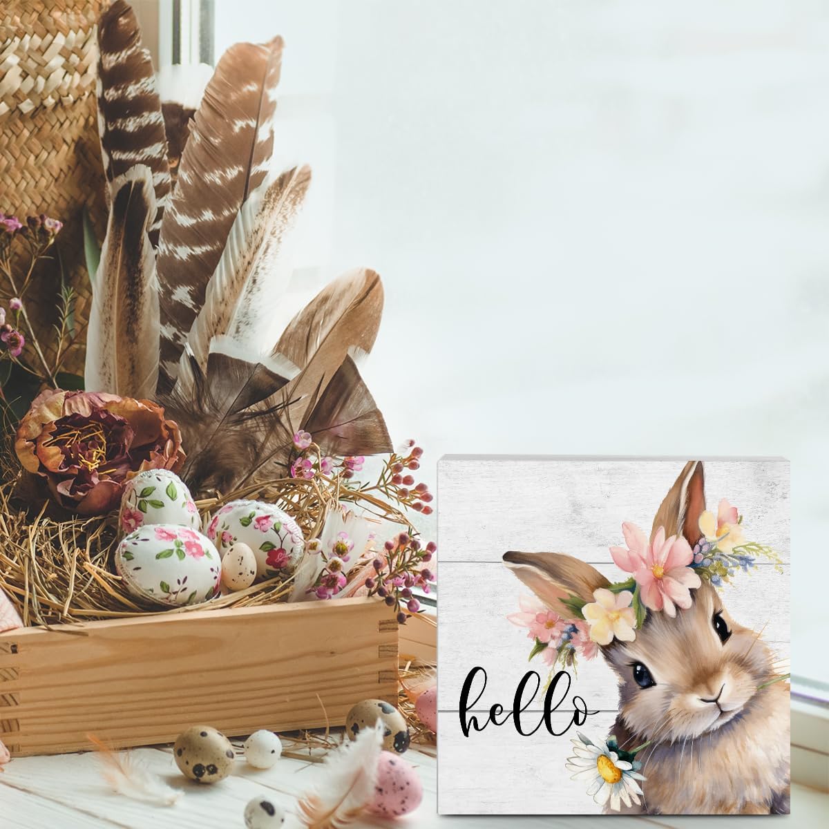 Rustic Spring Easter Decorations Bunny Rabbit Wreath Desk Decor Cute Hello Wood Box Sign Farmhouse Home Office Desk Shelf Cubicle Decor 5 X 5 Inch
