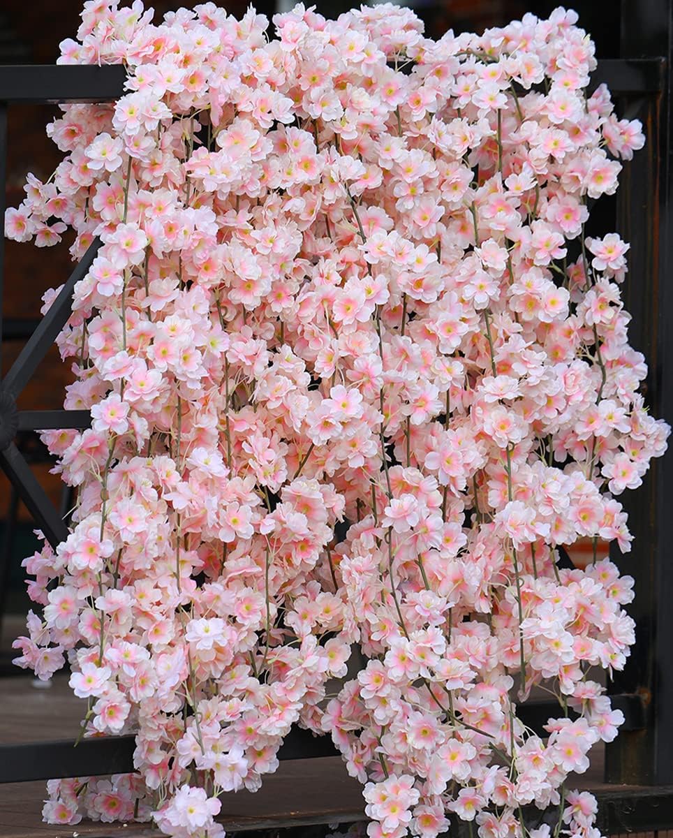 8PCS Artificial Cherry Blossom Flower Garlands – 47.2ft Hanging Vines for Spring Home, Room, Wedding, Party, and Kawaii Decorations (Pink)