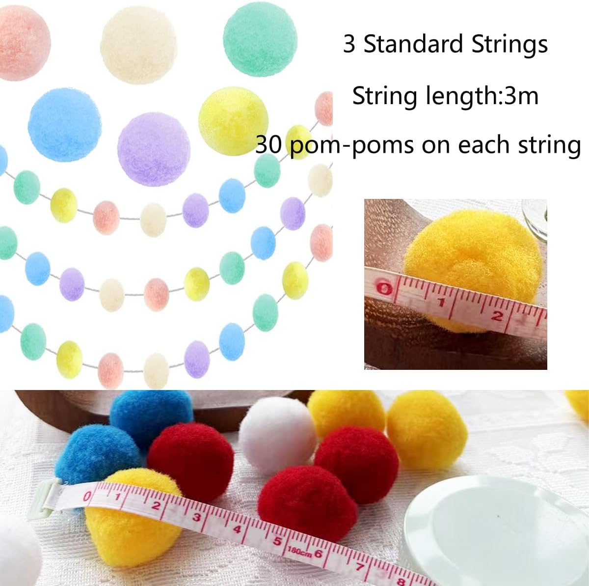 Easter Pom Pom Garland Decorations, 3 Pack 30 Balls Pastel Felt Ball Garlands Colorful Hanging for Wall Window Classroom Birthday Party Home Decor
