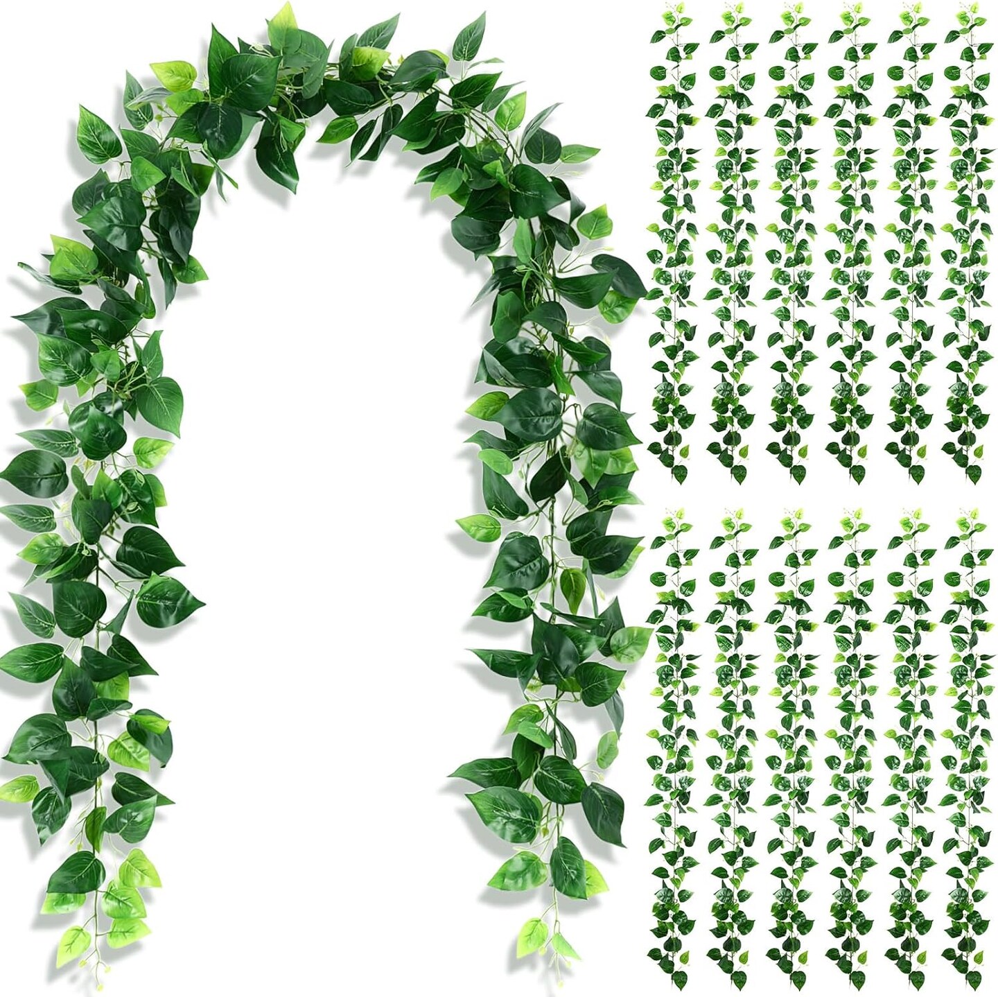 12 Pcs 5.6ft Artificial Wedding Scindapsus Vines Garland Faux Vine Garlands Realistic Plastic Leaves Fake Hanging Greenery Plant for Wedding Centerpiece Table Party Indoor Outdoor Wall Decor