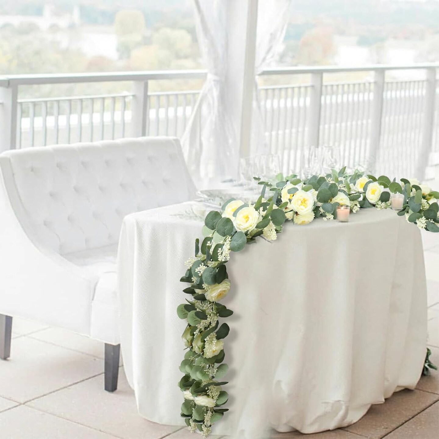 Eucalyptus Garland, 13Ft Artificial Greenery Garland Flower Decor, Green Spring Garland Wreath Vines Decorations for Table Home Wedding Mantle Party (Champagne)