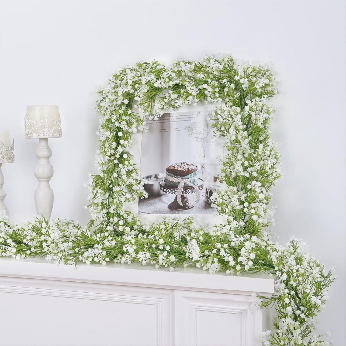 2 Pcs Babys Breath Artificial Flowers Vines, 5.9 FT Faux White Hanging Baby Breath Garland, Real Touch Fake Babys Breath Gypsophila for Wedding Party Backdrop Wall Home Decor