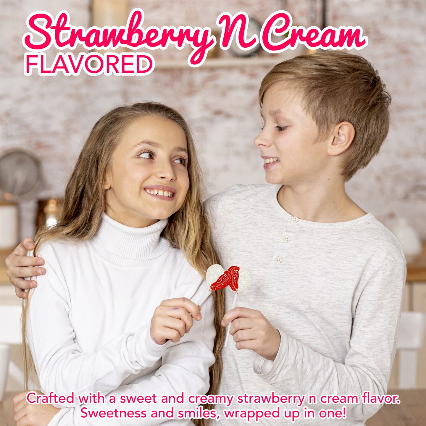 4E's Novelty 38 Pack Heart Shaped Lollipops – Strawberry N Cream Flavored, Individually Wrapped Valentine's Day Candy, Valentine Candy Hearts for Kids