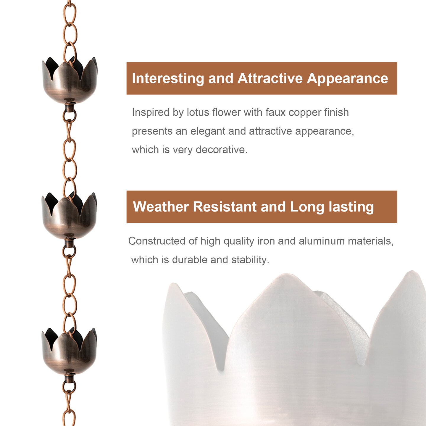 8.5ft 15-Piece Faux Copper Lotus Shaped Rain Chain with V-Shaped Gutter Clip