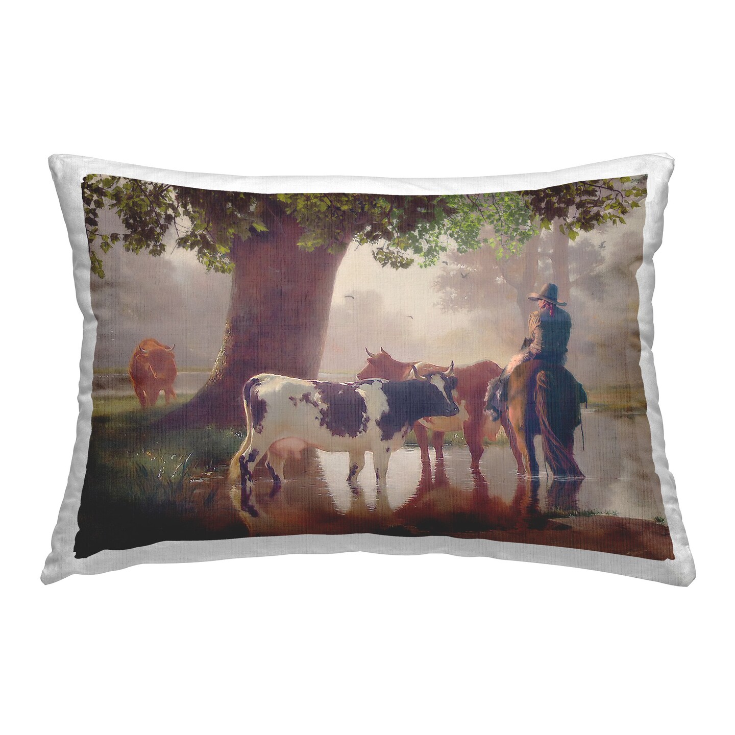 Cowboy &#x26; River Scenery Design by Steve Hunziker Throw Pillow 