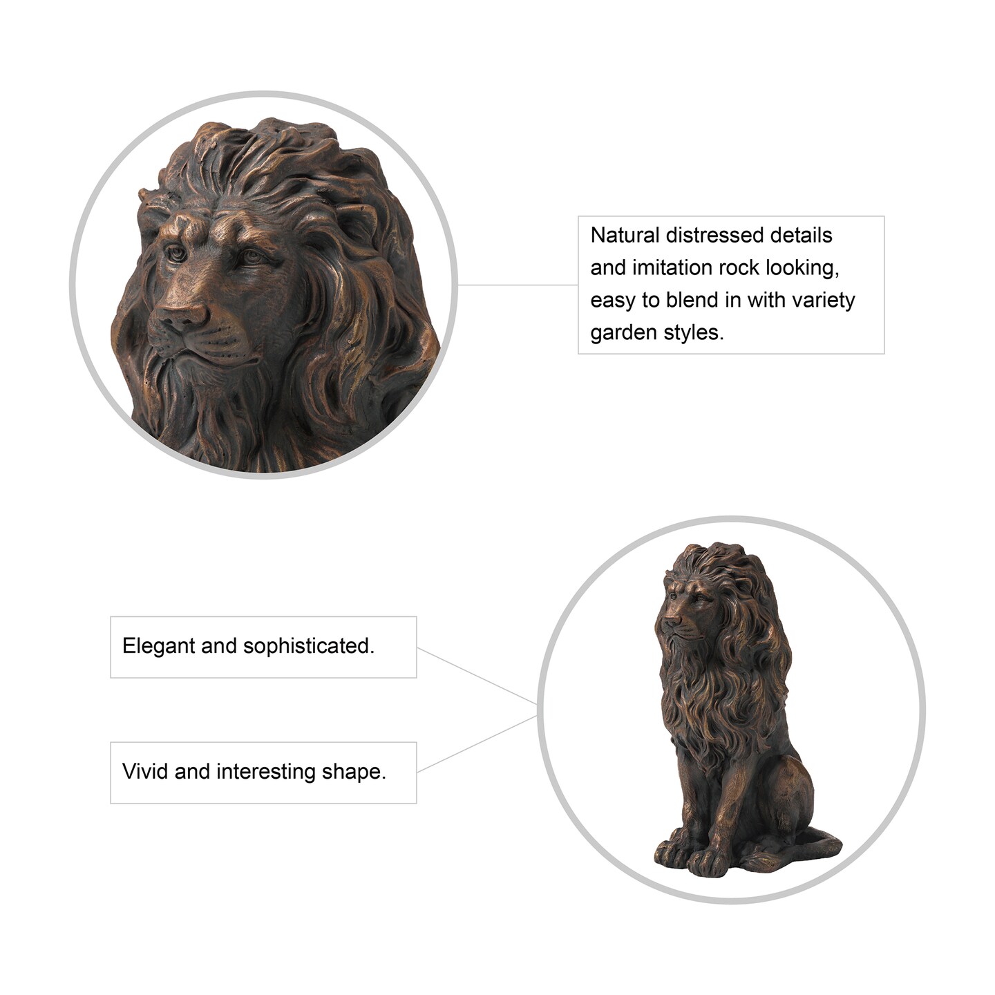 Set of 2 20.75&#x22;H Bronze/Black MGO Guardian Sitting Lion Statue