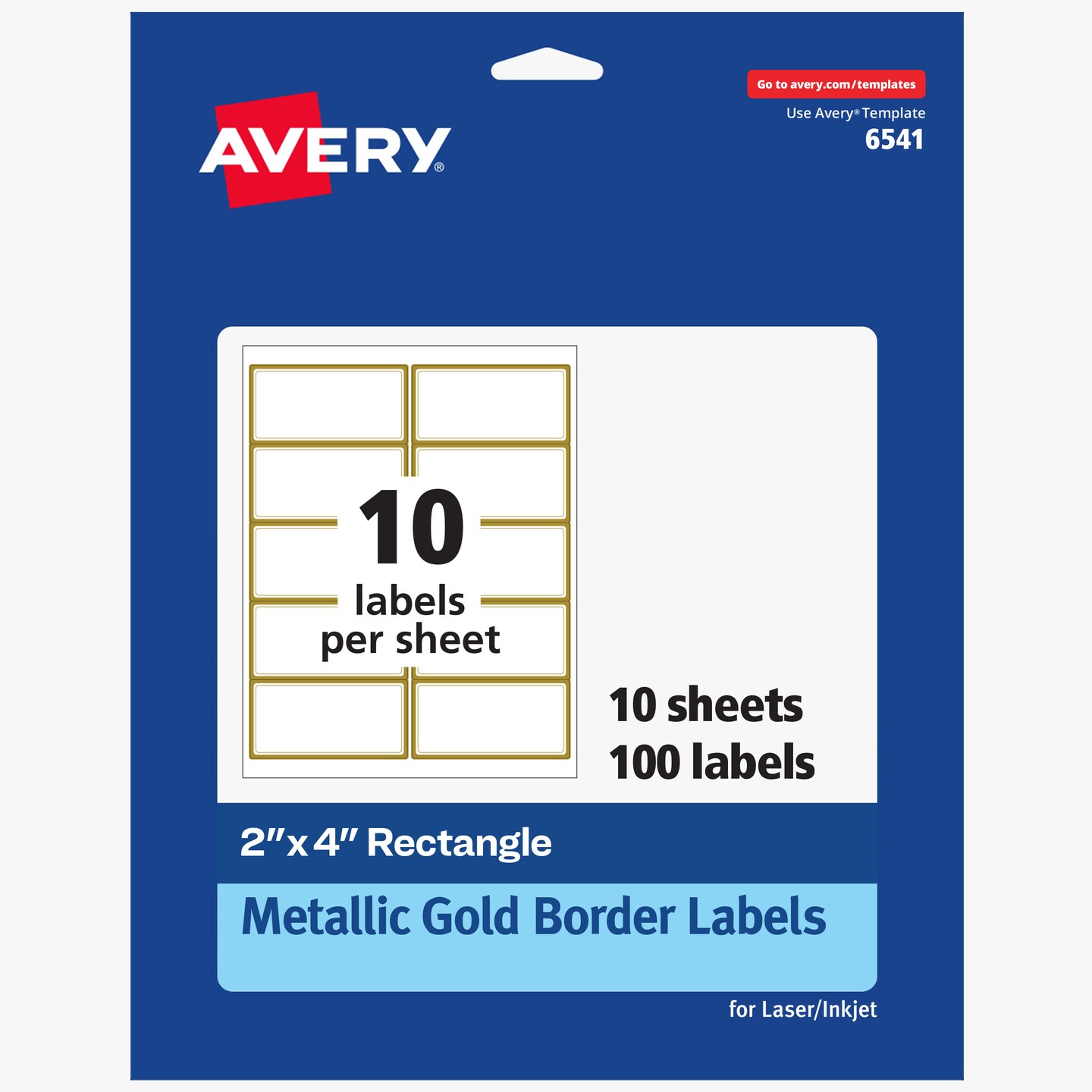 Avery Printable Rectangle Labels, 2" x 4" Shipping Labels, Matte White with Metallic Gold Border, Permanent Adhesive, Laser & Inkjet Compatible, 100 Blank Labels (6541)