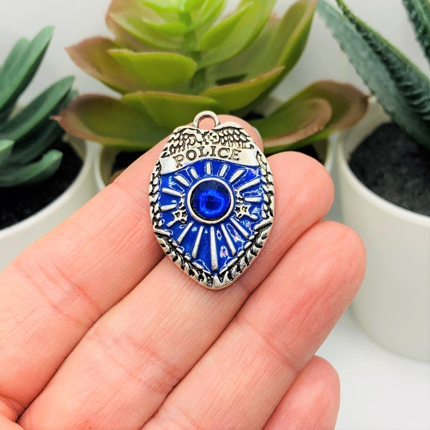 1, 4 or 20 Pieces: Blue and Silver Police Badge Charm with Rhinestone