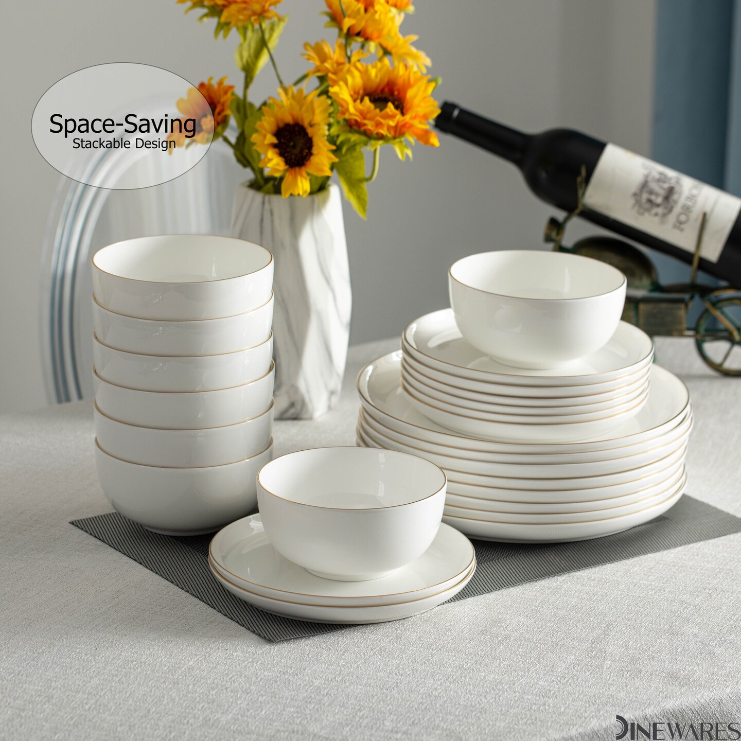 Perlaceo Luxurious Collection of White with Gold Rim Bone China Dinnerware Set - Lightweight and Durable - Service for 4 or 8, Including Dinner Plates, Salad Plates, and Cereal or Soup Bowls
