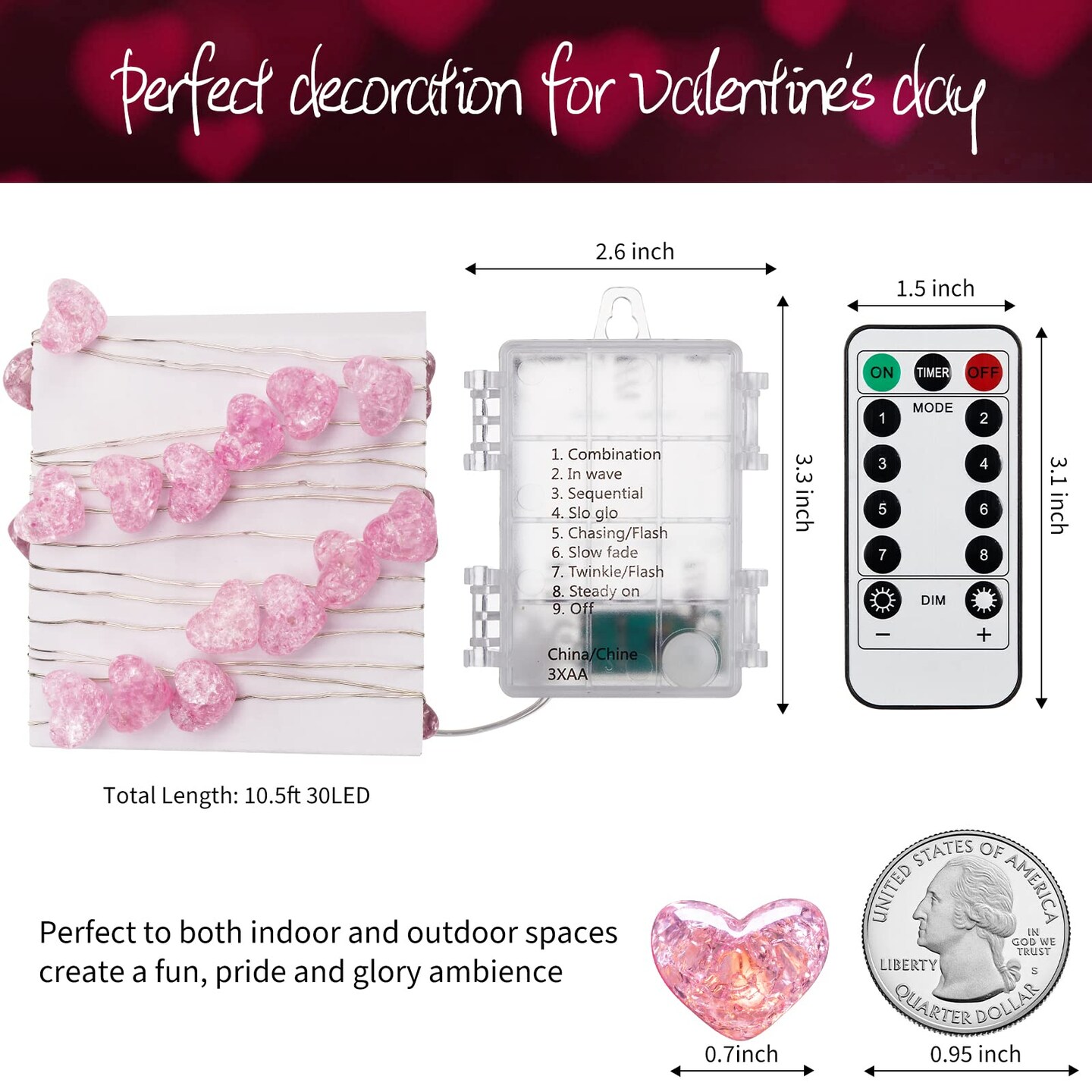 Valentine&#x2019;s Day Fairy String Lights - 10.5 ft 30 LED Pink Heart Battery Operated Fairy Lights with Timer and Remote, Twinkle Heart Lights for Wedding DIY Indoor Christmas Gift Valentine&#x27;s Day