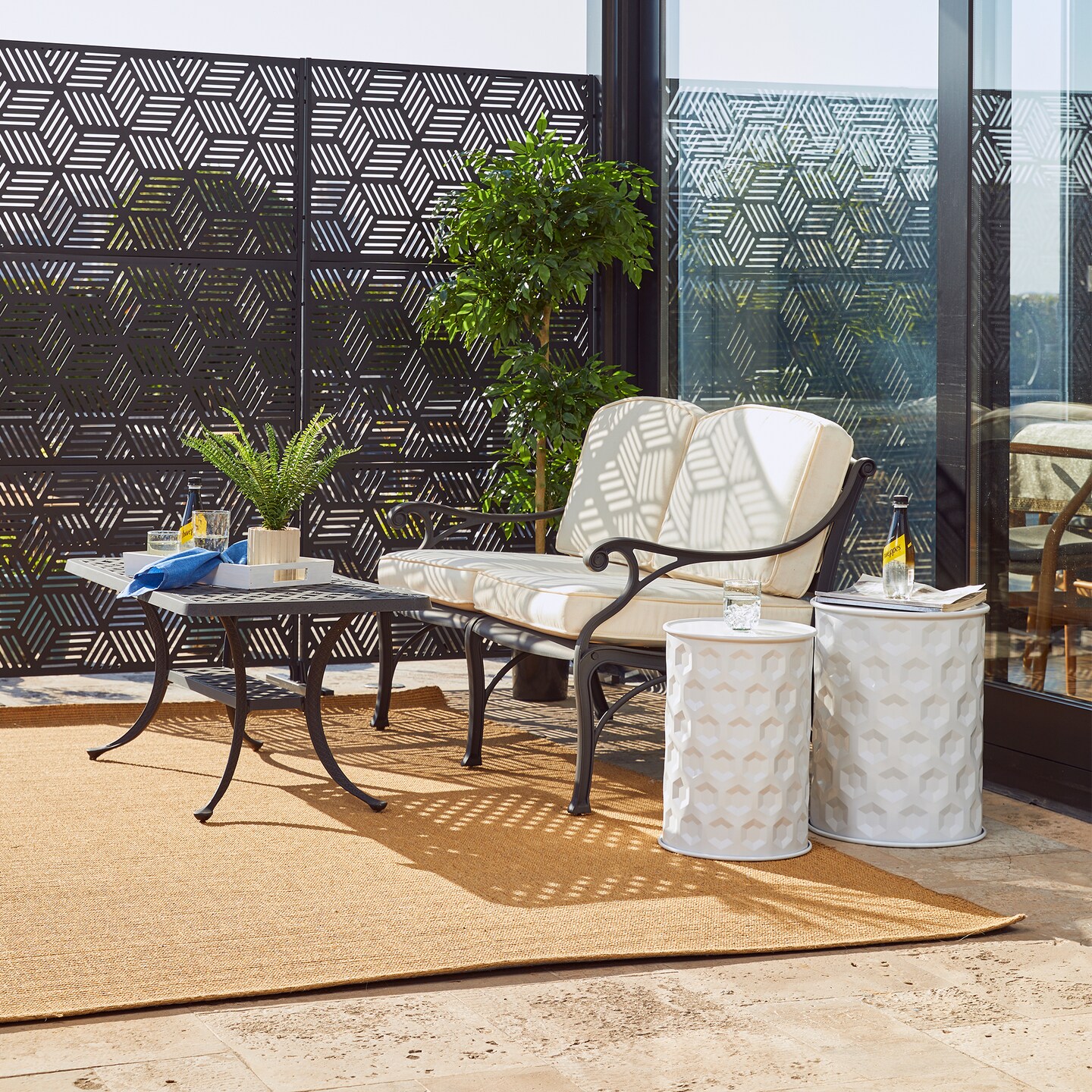 Set of 2 Embossed Honeycomb Texture Cylindrical Metal Garden Stool