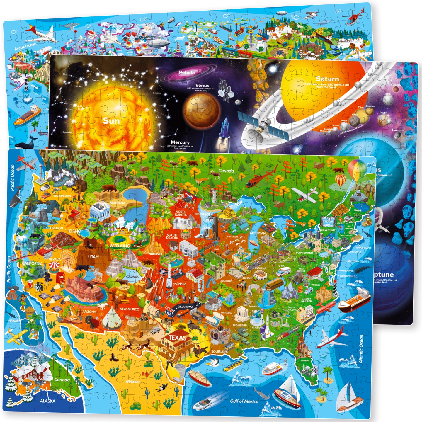 1000 Pcs Puzzles for Adults 3 Set | USA, World Maps &#x26; Space